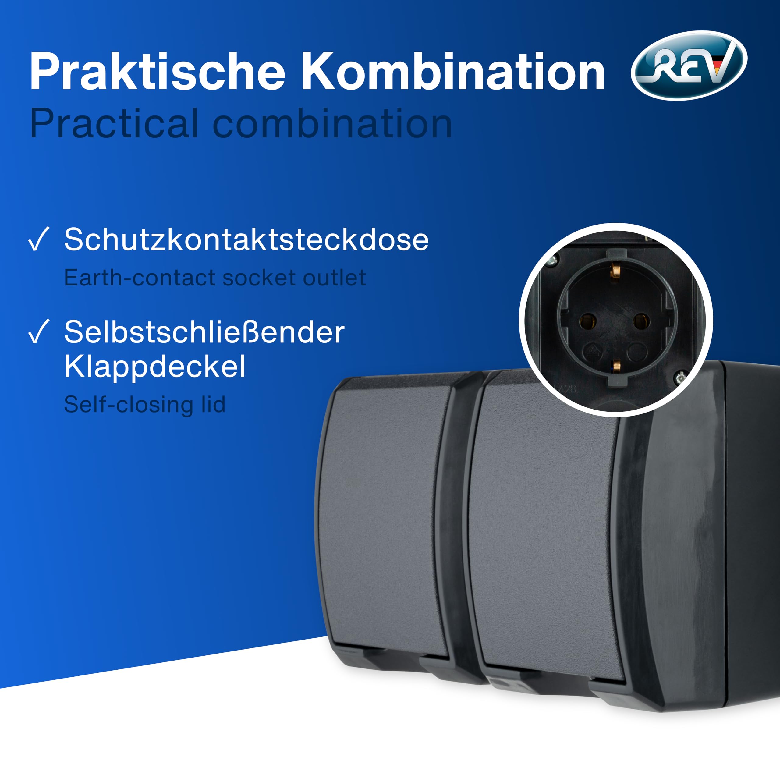 REV Ekonomiczny zestaw 5 x podwójne gniazdko elektryczne – AquaForm gniazdko do pomieszczeń wilgotnych IP44, natynkowe, poziome, antracytowe