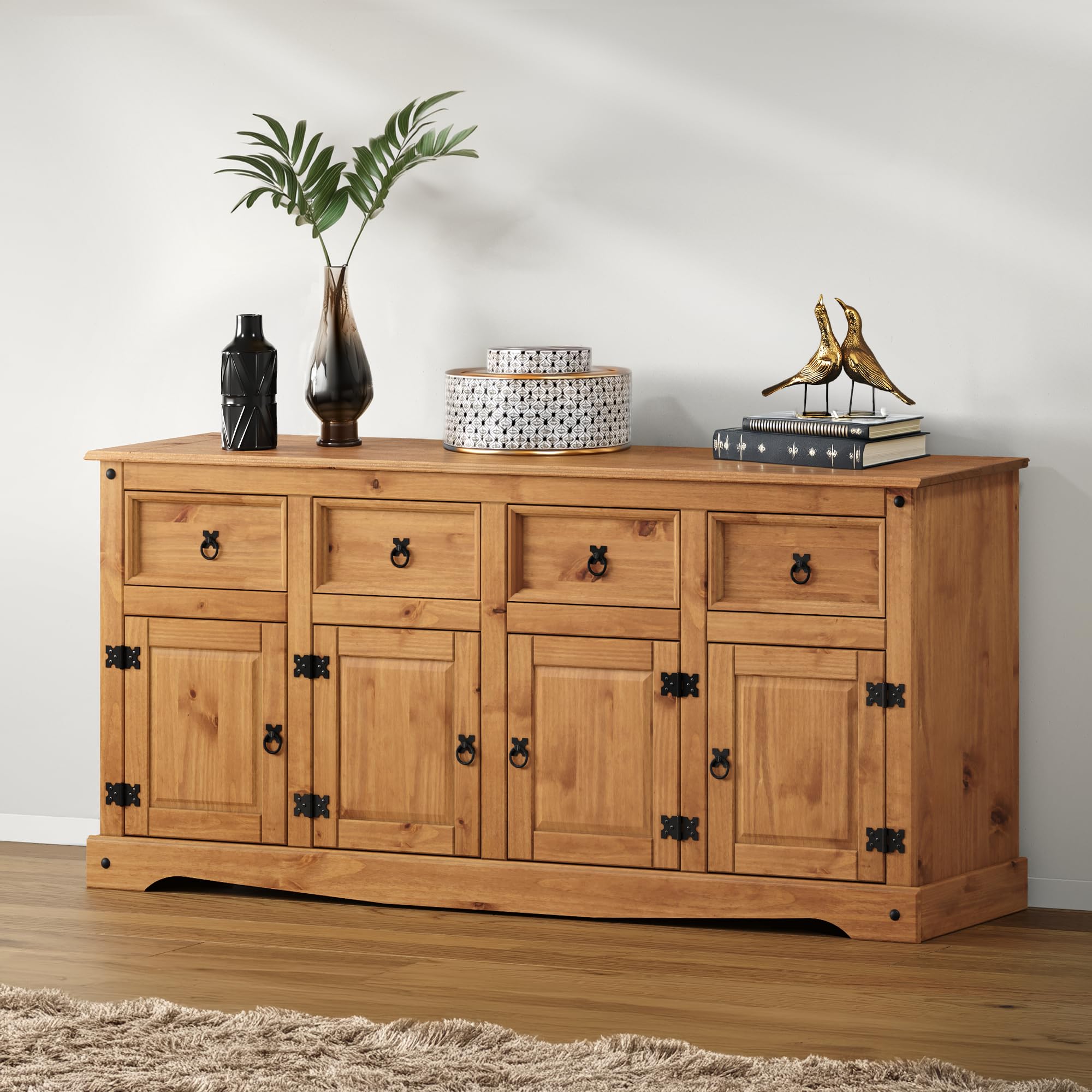 Corona Sideboard 4 Door 4 Drawer Large Solid Wood Pine Wooden Mexican Style Rustic Cabinet Dresser Living Dining Room Kitchen Hallway 76cm High. 164cm Wide. 40cm Deep.