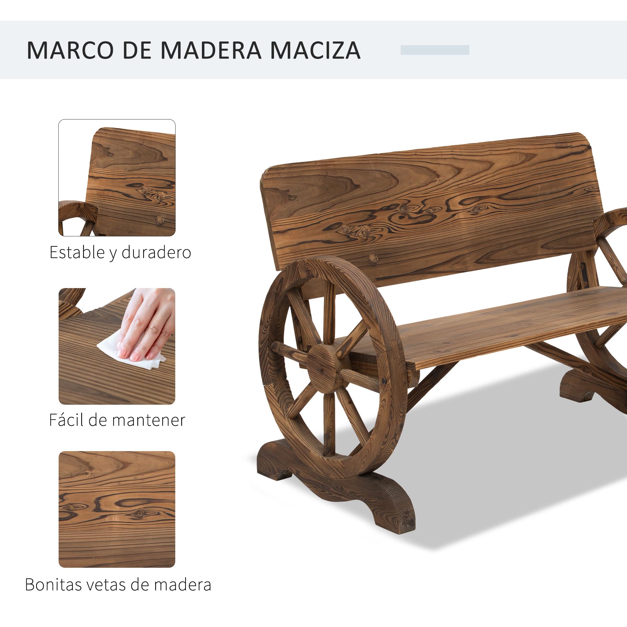 Outsunny Banco de Jardín de Madera Banco de Exterior con Reposabrazos y 2 Ruedas Decorativas Estilo Rústico Carga 250 kg para Patio Terraza 114x58x80 cm Carbonizado