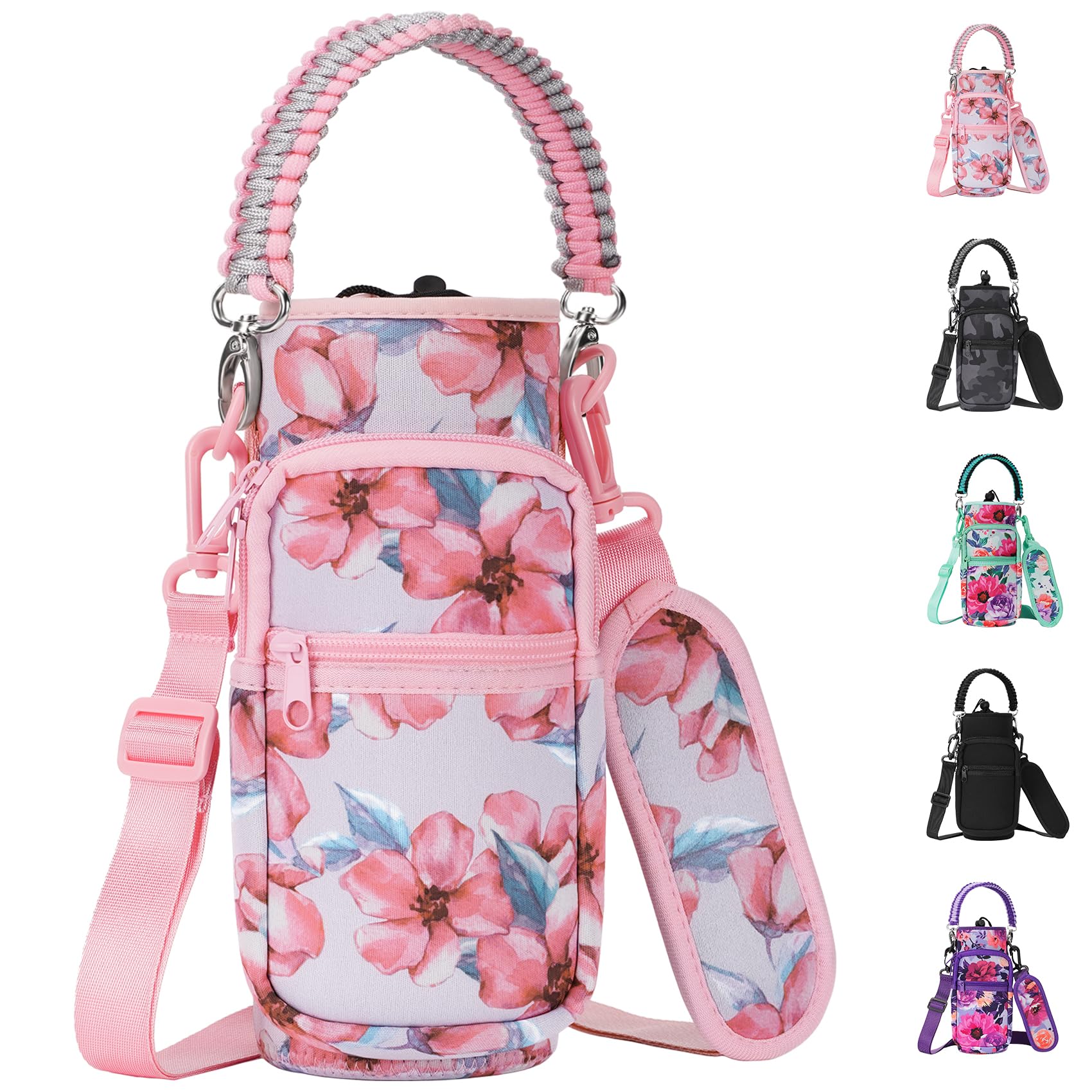 AceTreker 32/40/64/128 oz Neoprene Insulated Water Bottle Carrier Bag, Sling Bag Sleeve Pouch Holder with Strap & Paracord Handle and 2 Pocket for