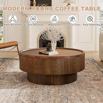 30.7in Drum Coffee Table with Storage,Round Coffee Table Walnut Veneered