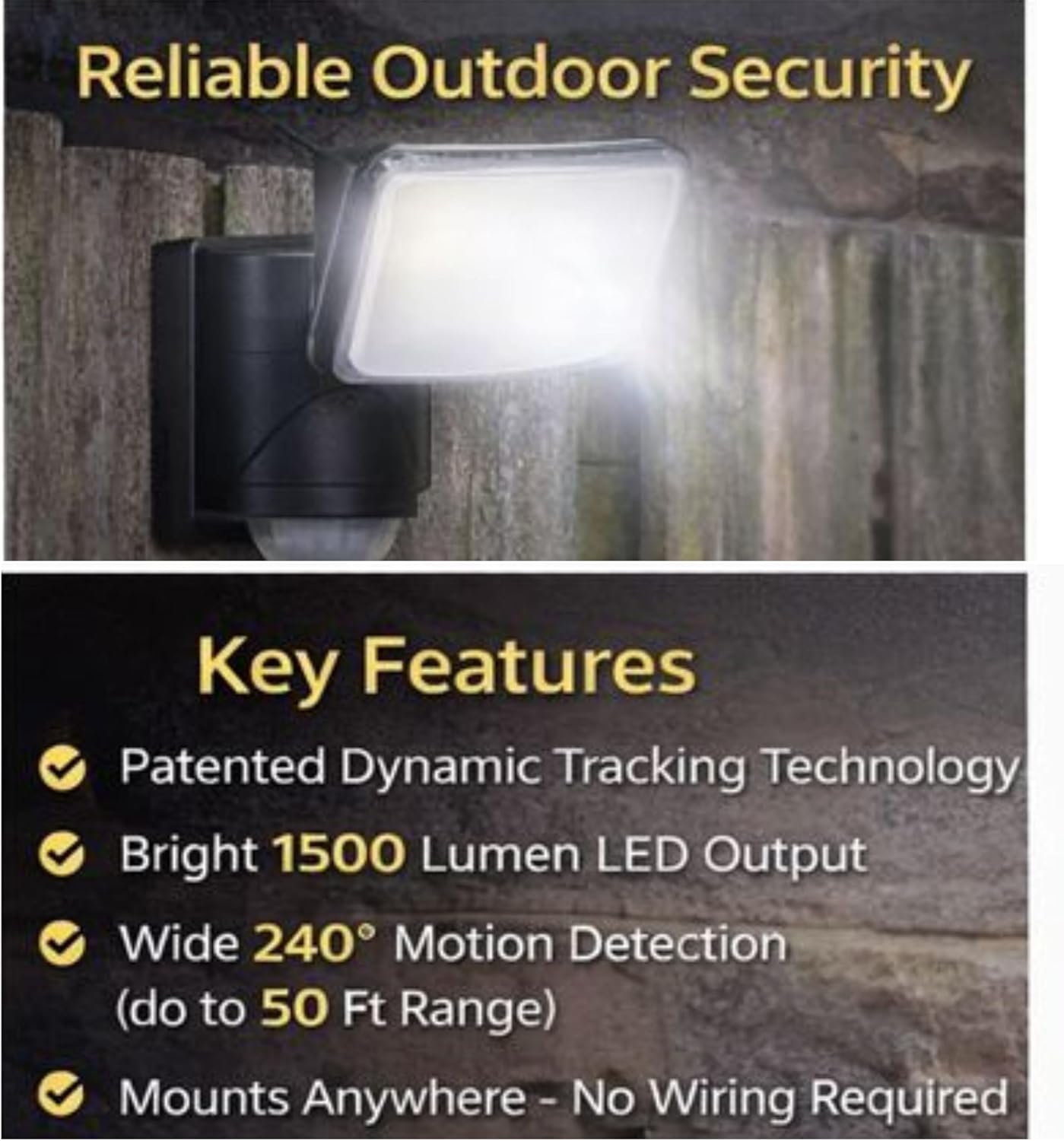 Dynamic Tracking Battery Powered Motion Security Light, 1500 Lumens LED, 240° Sensor, Black, 50 ft Range