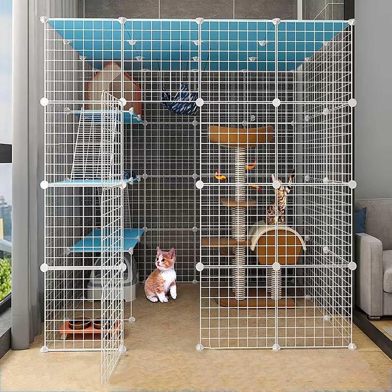 Large Indoor Cat Cage with Ramp, Ladder, Hammock & Bed, Detachable Metal DIY Cat Playpen for 1-4 Cats(147x111x145cm)