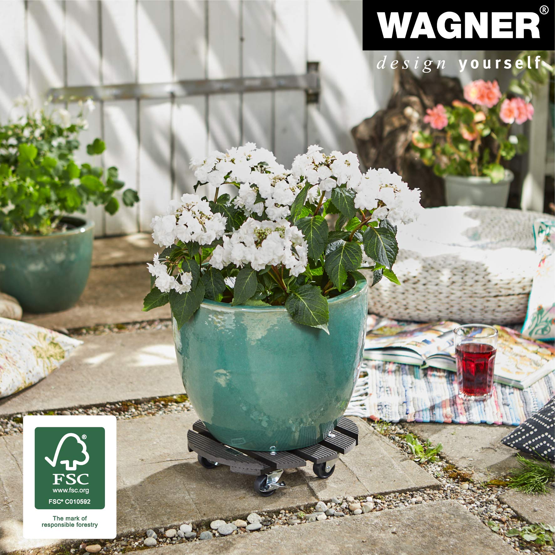 WAGNER Carrello per Piante WPC Ø 29 x 7,5 cm I Carrello per Fiori e Piante per Interni ed Esterni, Antracite I Portavaso Composito di plastica e Legno con 2 Freni I Portata 100 kg - 20052501