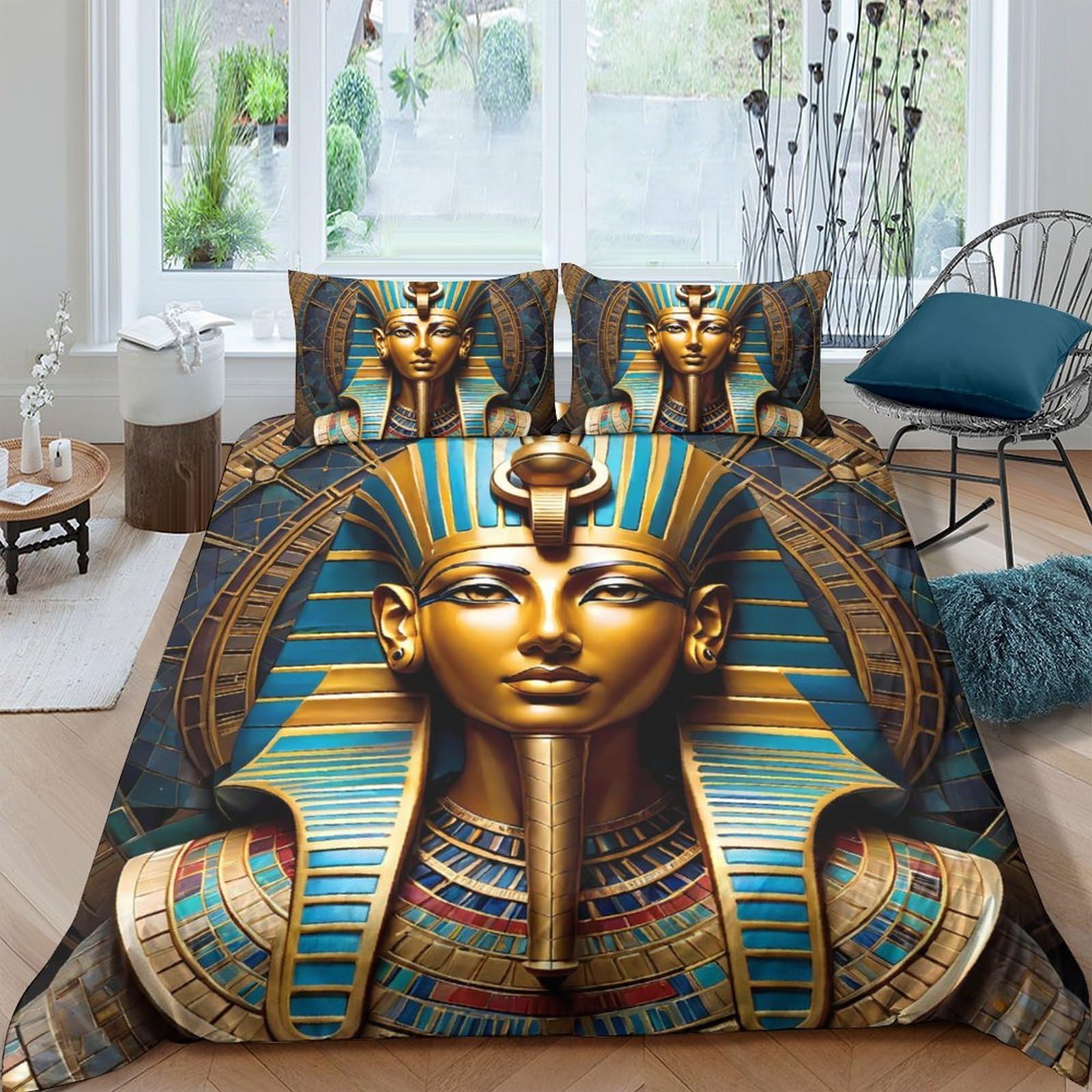 Ctjqhvkz Style-3 3D Printed Pharaoh Gold Fitted Sheet Microfiber Soft Egyptian Mask Bed Cover For Bedroom Dorm Room Decor Single（135X200cm）