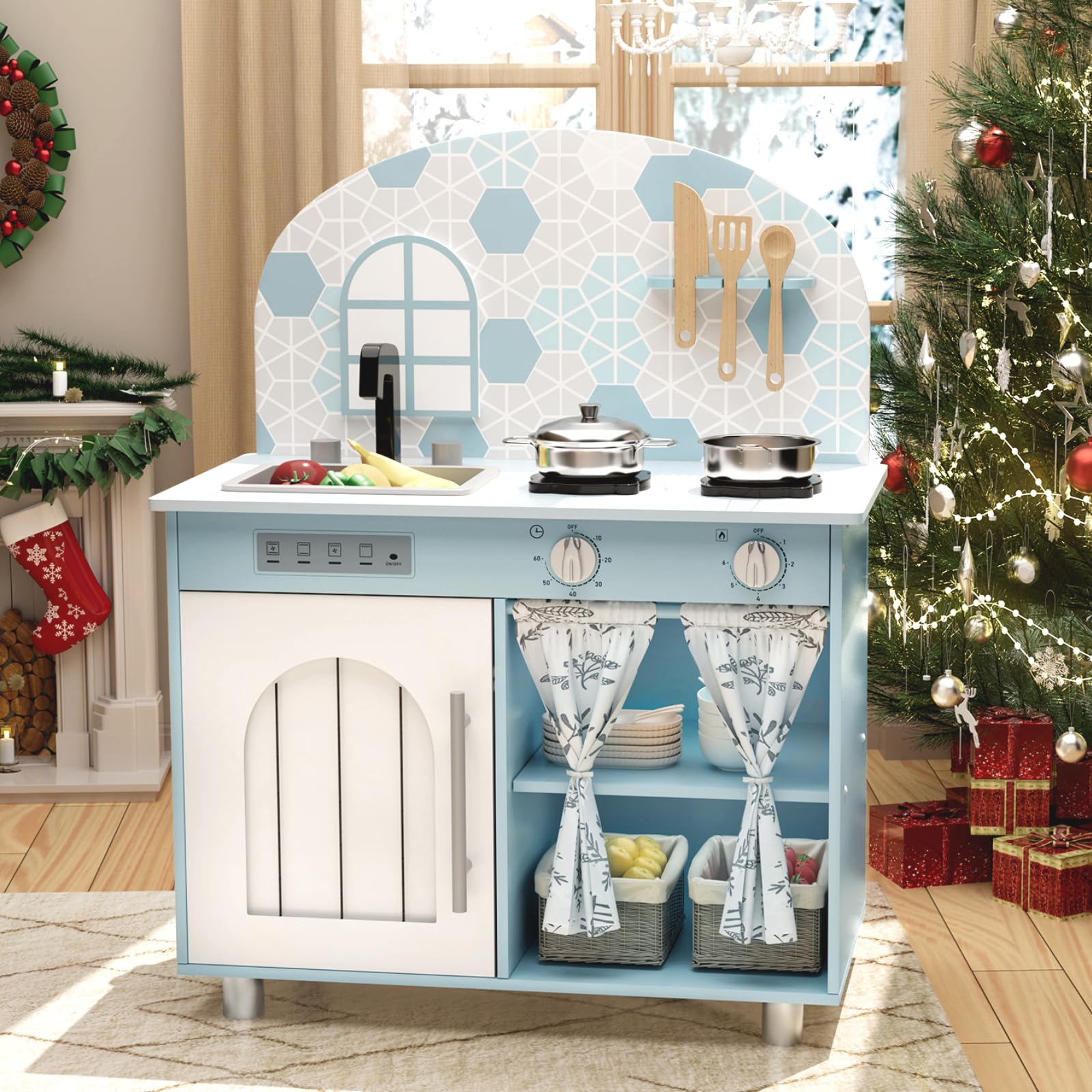 MAMIZO Wooden Play Kitchen with Real Sound, Children's Play Kitchens with kids kitchen 5 Pcs Accessories, Toy Kitchen for Age 3+, Simulated Gas Cooker, Clicking Knobs, Faucet, Storage Cabinets (Blue)