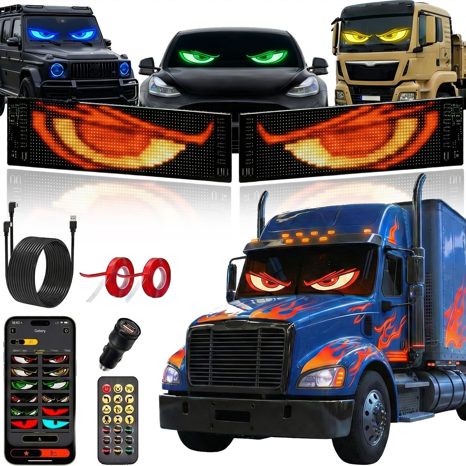 SMBLCE 2 Stück Devil Eyes LED Light for LKW Auto, 120x595mm programmierbares, Flexibles Panel, Steuerung per Fernbedienung und Bluetooth-App, Geeignet für Fahrzeuge/Partys/Werbetafeln/Geschenke.
