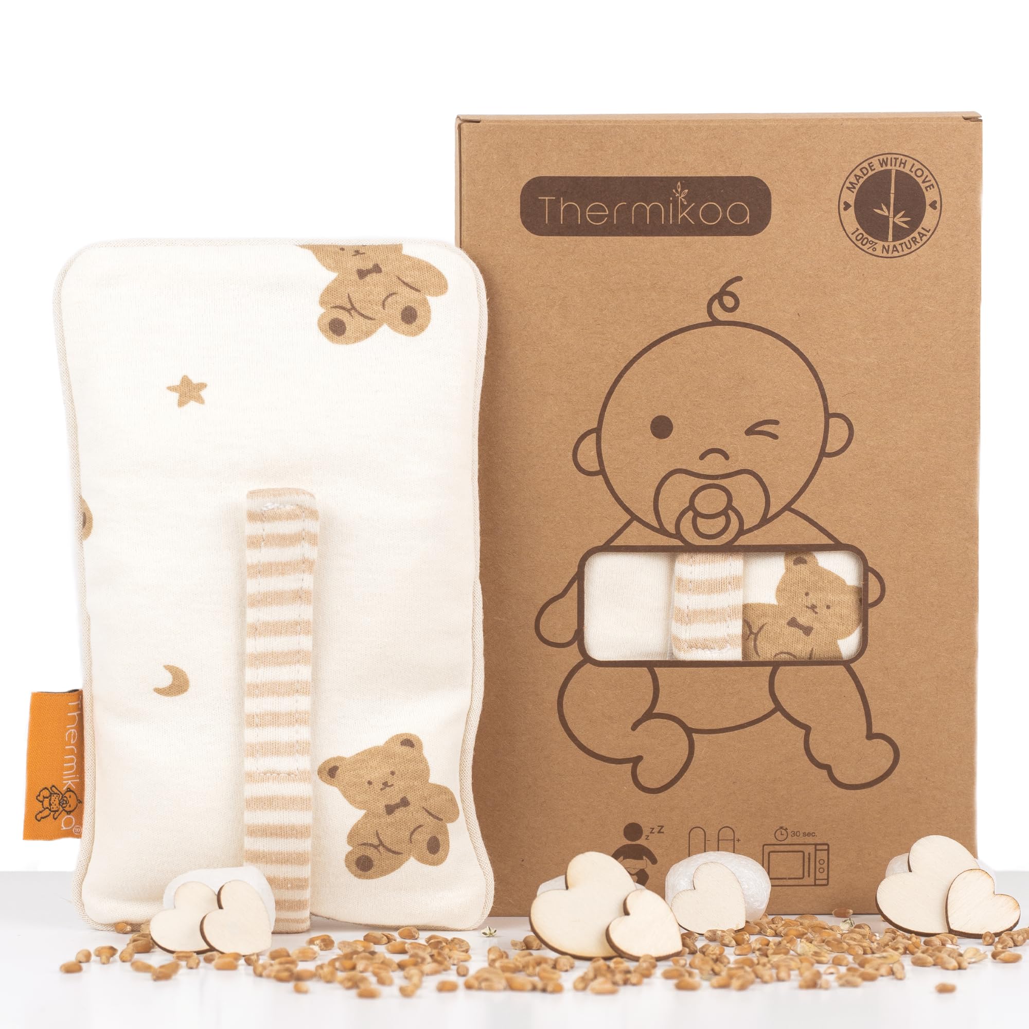 Thermikoa Borsa Acqua Calda Neonato Termica con Semi Naturali Fascia Regolabile per Microonde Cuscino Termico Lavabile Morbido per Pancino Bebè