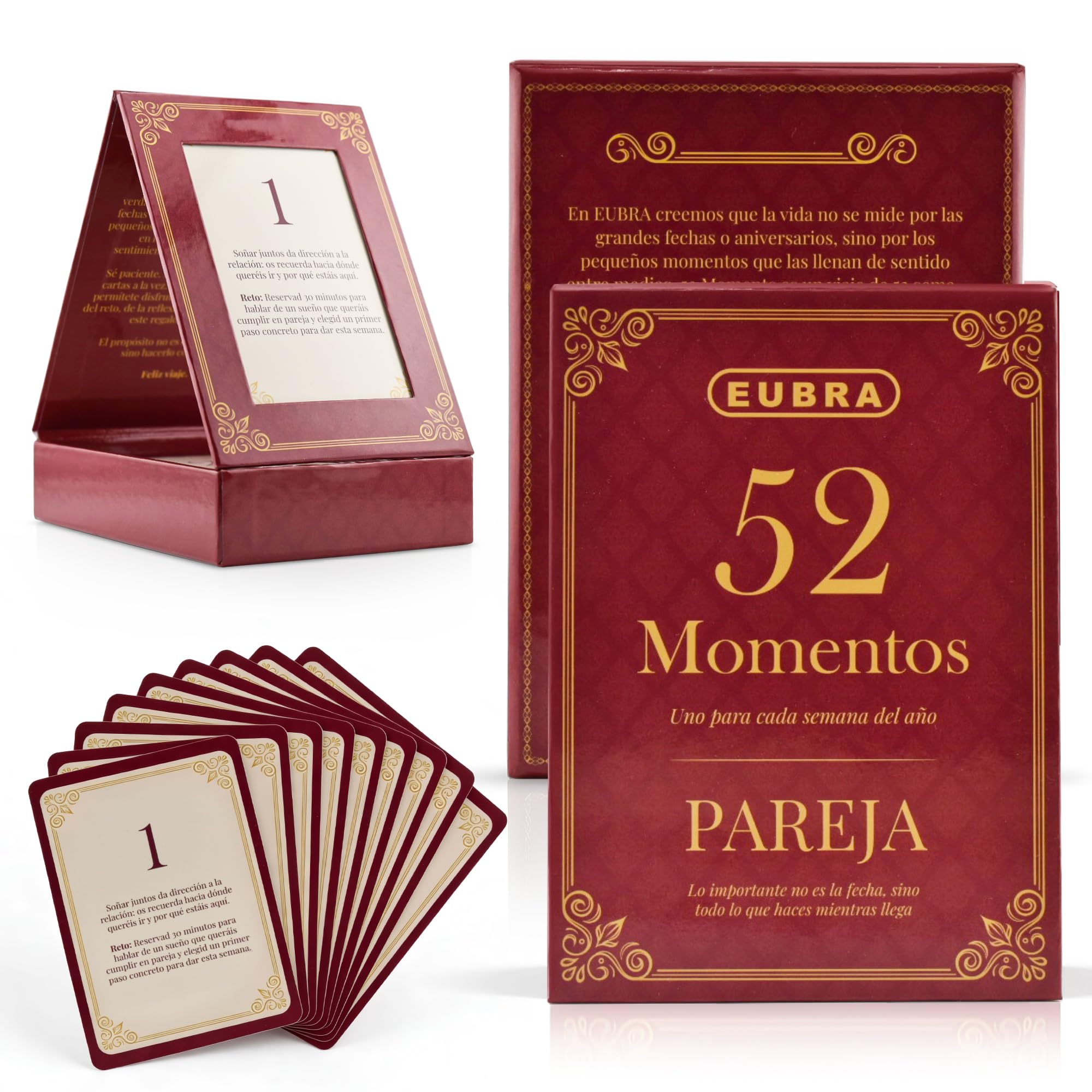 EUBRA 52 Momentos Pareja • Ritual Semanal 52 Tarjetas con Reflexiones y Retos • Caja Atril Decorativa • Regalo Original Aniversario Boda Matrimonio San Valentín Novios Hombre Mujer Amor Conexión