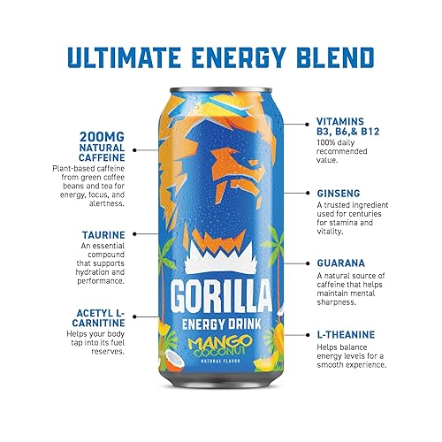 Miniatura 5 de Gorilla Energy Bebida, mango y coco, 200 mg de cafeína natural, jugo de fruta real exprimido y concentrado, L-teanina, taurina, ginseng, acetil