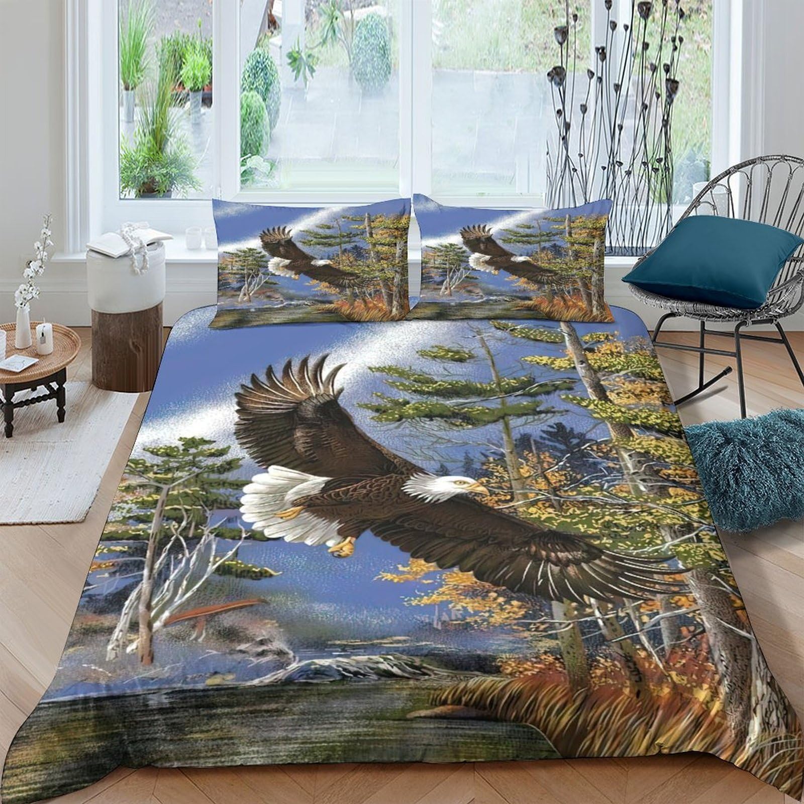Ctjqhvkz Style-3 3D Printed Soaring Eagle Fitted Sheet Microfiber Soft Forest River Bed Cover For Bedroom Dorm Mattress Decor Single（135X200cm）