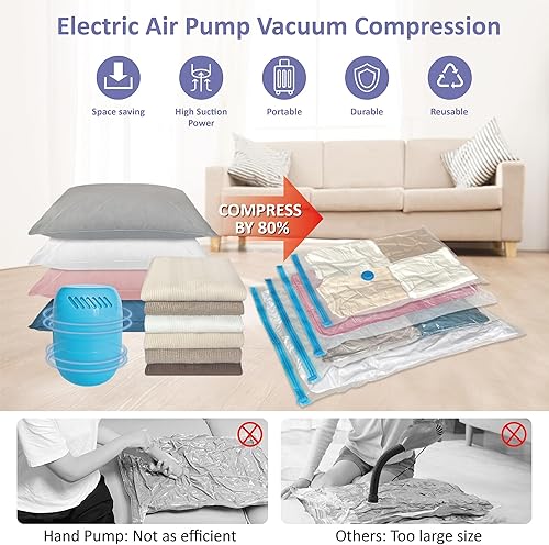 Miniatura 9 de RoomiPro Bolsas de almacenamiento al vacío que ahorran espacio, 8 bolsas de sellado al vacío jumbo con bomba, bolsas selladas al vacío para ropa,