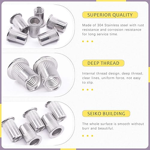 Miniatura 3 de Swpeet 30 piezas de acero inoxidable 304 516-18 pulgadas tuerca remachadora cabeza plana roscada kit surtido Nutsert para automóviles, muebles,