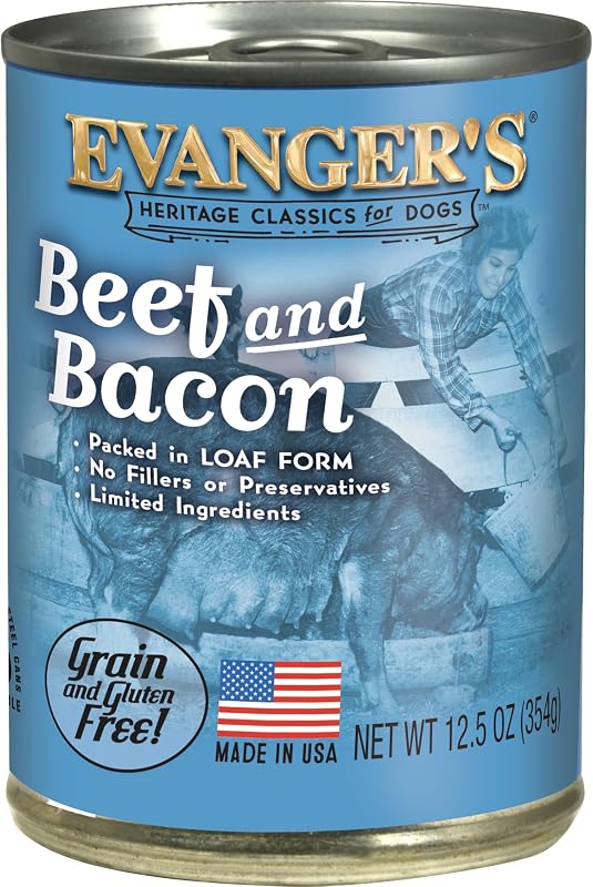 Ração úmida para cães Evanger's Heritage Classics Beef & Bacon, sem grãos e glúten, 12 latas de 354 g