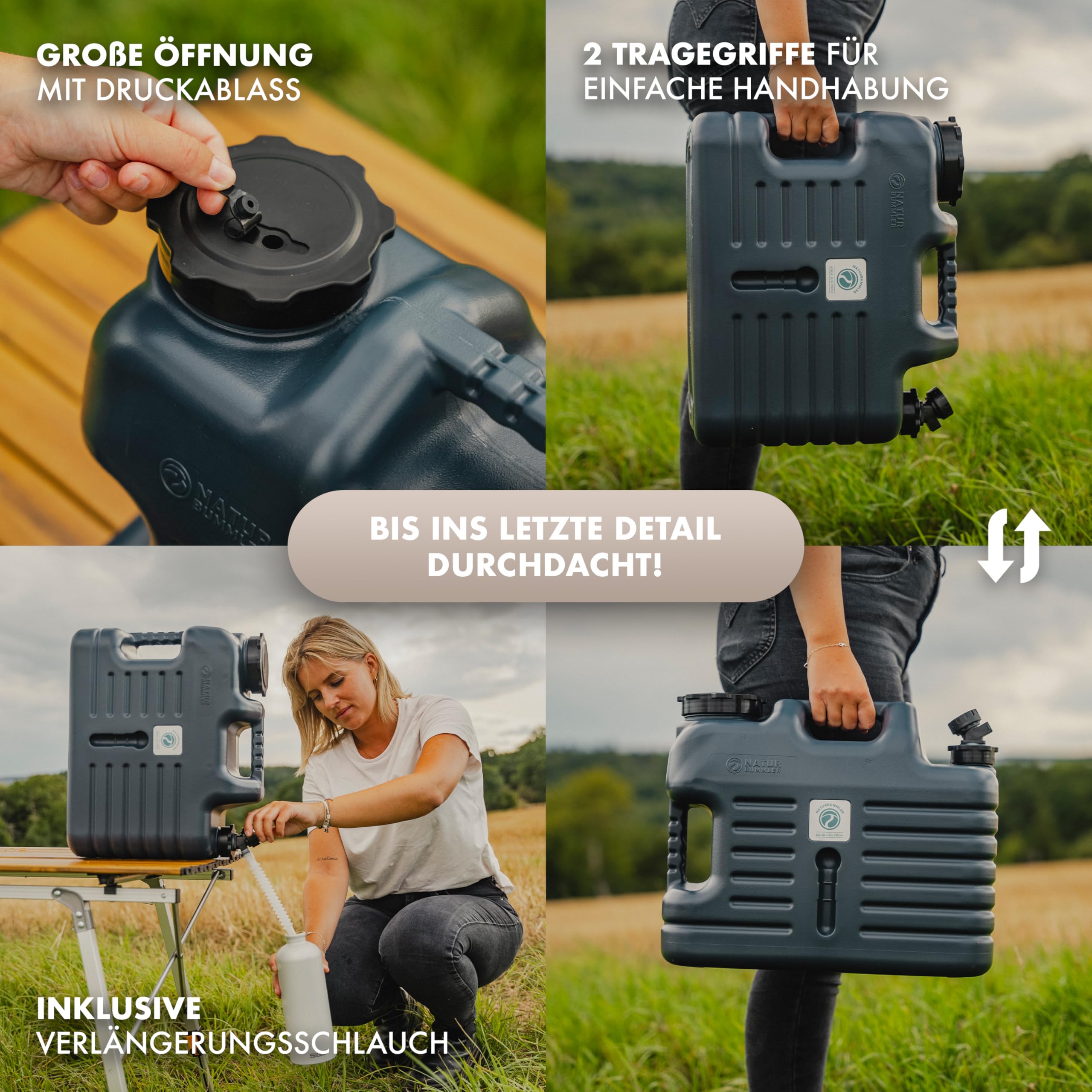 NATURBUMMLER Wasserkanister Camping [Aqua Jug Pro+] – Leichter 18 L Trinkwasserkanister mit Hahn, Druckablass & Schlauch – BPA-frei & robust – ideal für Outdoor, Vanlife & Festival (Aqua Jug Pro+)