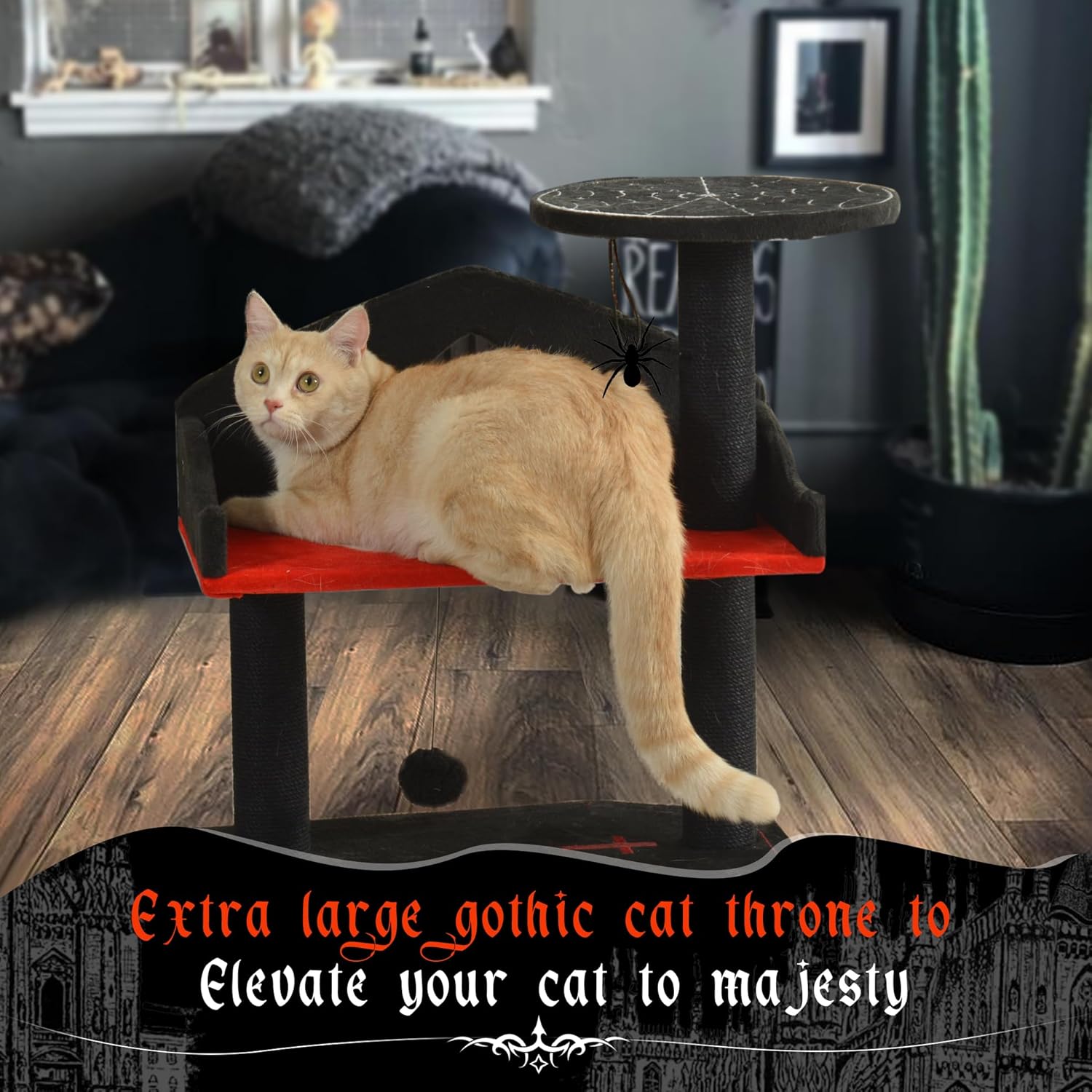 review Gothic Cat Tree,Black Cat Tree with Extra Large Bed,Cat Tower with Durable Scratch Cat Post and Spider Hanging Ball,Spooky Goth Cat Tree for Indoor Cats,Halloween Cat Activities Furniture
