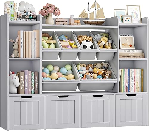Miniatura 4 de FINETONES Organizador de almacenamiento de juguetes de 55.1'' con 6 contenedores de juguetes, organizador grande de juguetes estantería para libros