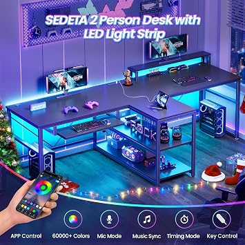 SEDETA 94.5 2 Person Gaming Desk with Storage Shelves, LED Light, Black | Double T Shaped Office Desk with Keyboard Tray, Power Strip with USB & Monitor Stand for Home Office, Bedroom