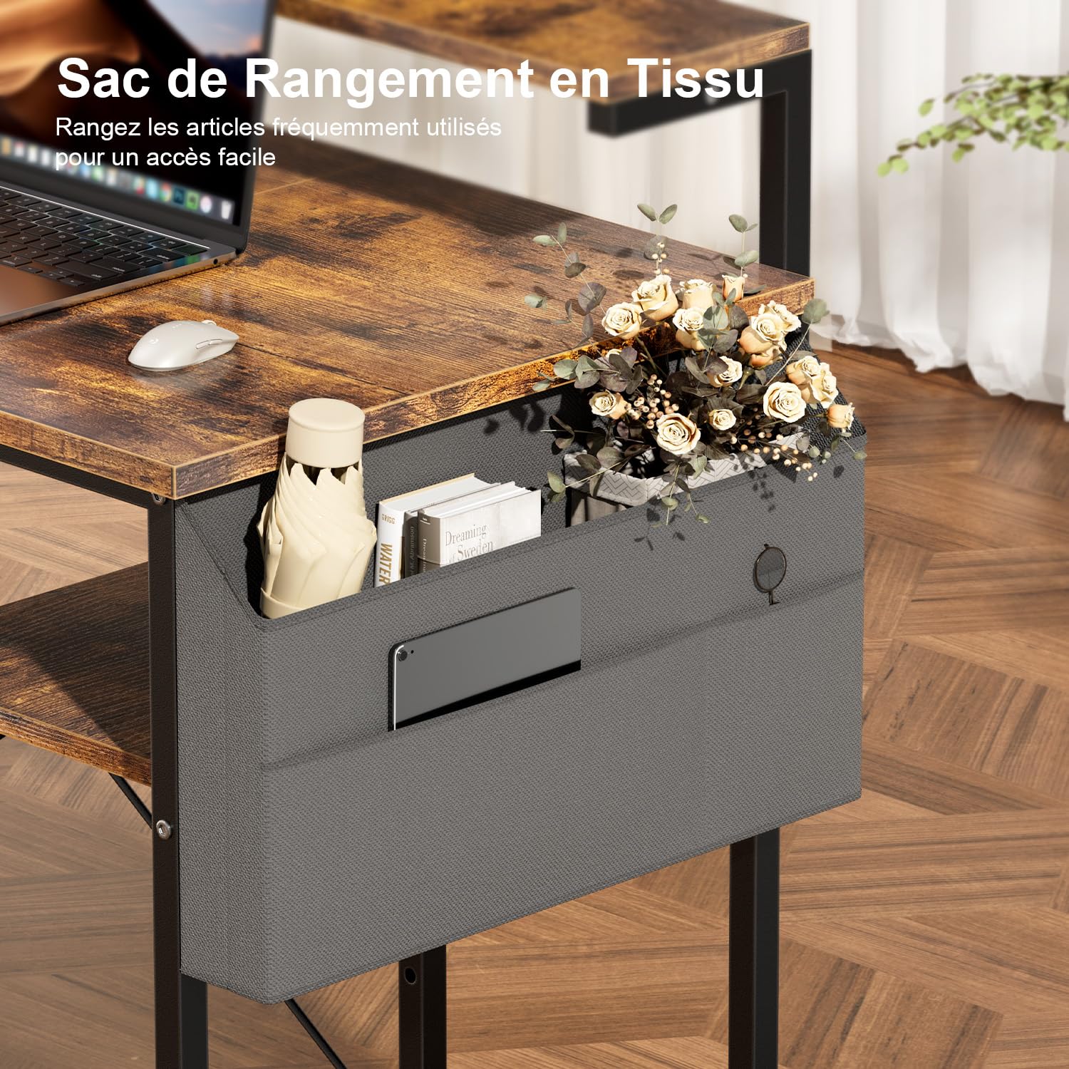 SOLAVERO Petit Bureau Informatique avec Rangement, 100 x 48 cm, Marron