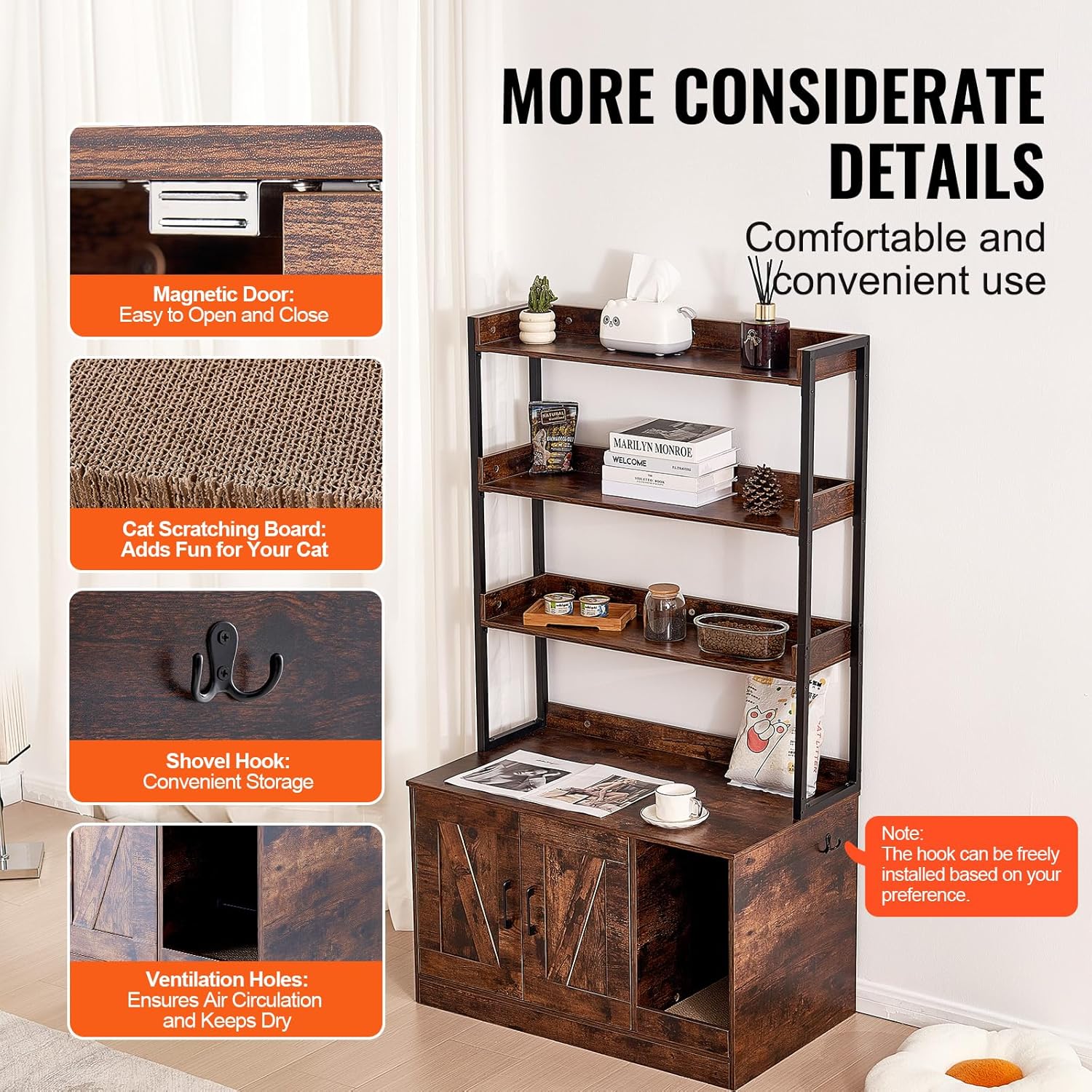 VEVOR Cat Litter Box Enclosure, Hidden Litter Box Furniture with 3 Storage Shelves, Wooden Cat Washroom Indoor, Large Cat House Cabinet Hidden Fit Most Litter Box, 33.5"L x 19.3"W x 58.7"H, Dark Brown