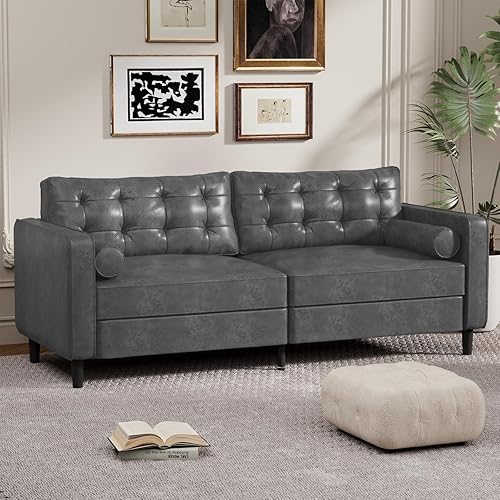 Esright 84.2” Grey Faux Leather Couch, Mid Century Modern Sofa Faux Leather Couches, 3-Seats Large Vintage Pure Sofa Couch with 2 Bolster Pillows for Living Room, Apartment, Office and More