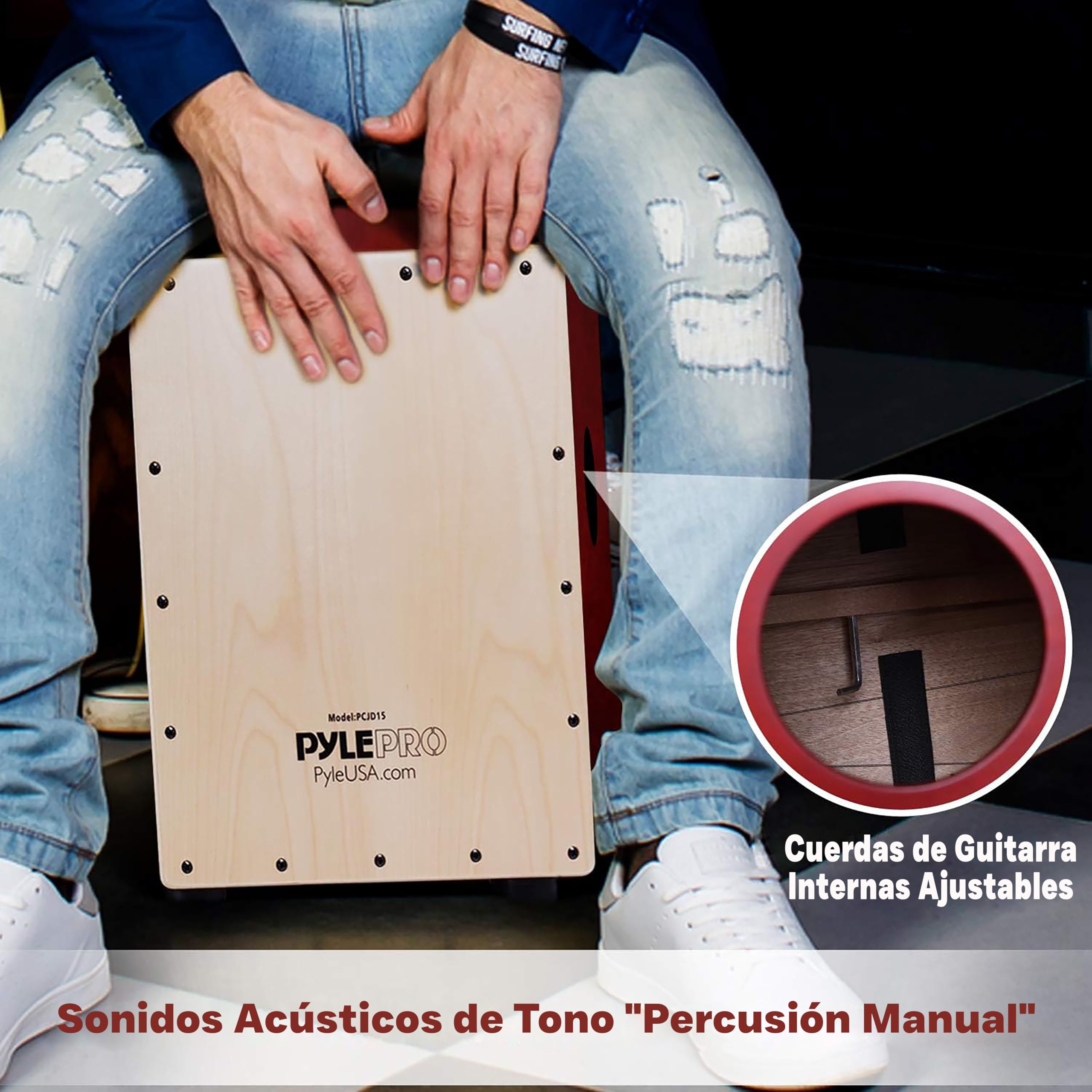 Pyle Cajón de Percusión, Caja Acústica de Madera de Abedul, Cuerdas de Guitarra Ajustables, Sonido Profesional, Compacto 30x30x38 cm, Patas Antivibración, Ligero 5kg, Ideal para Todas las Edades
