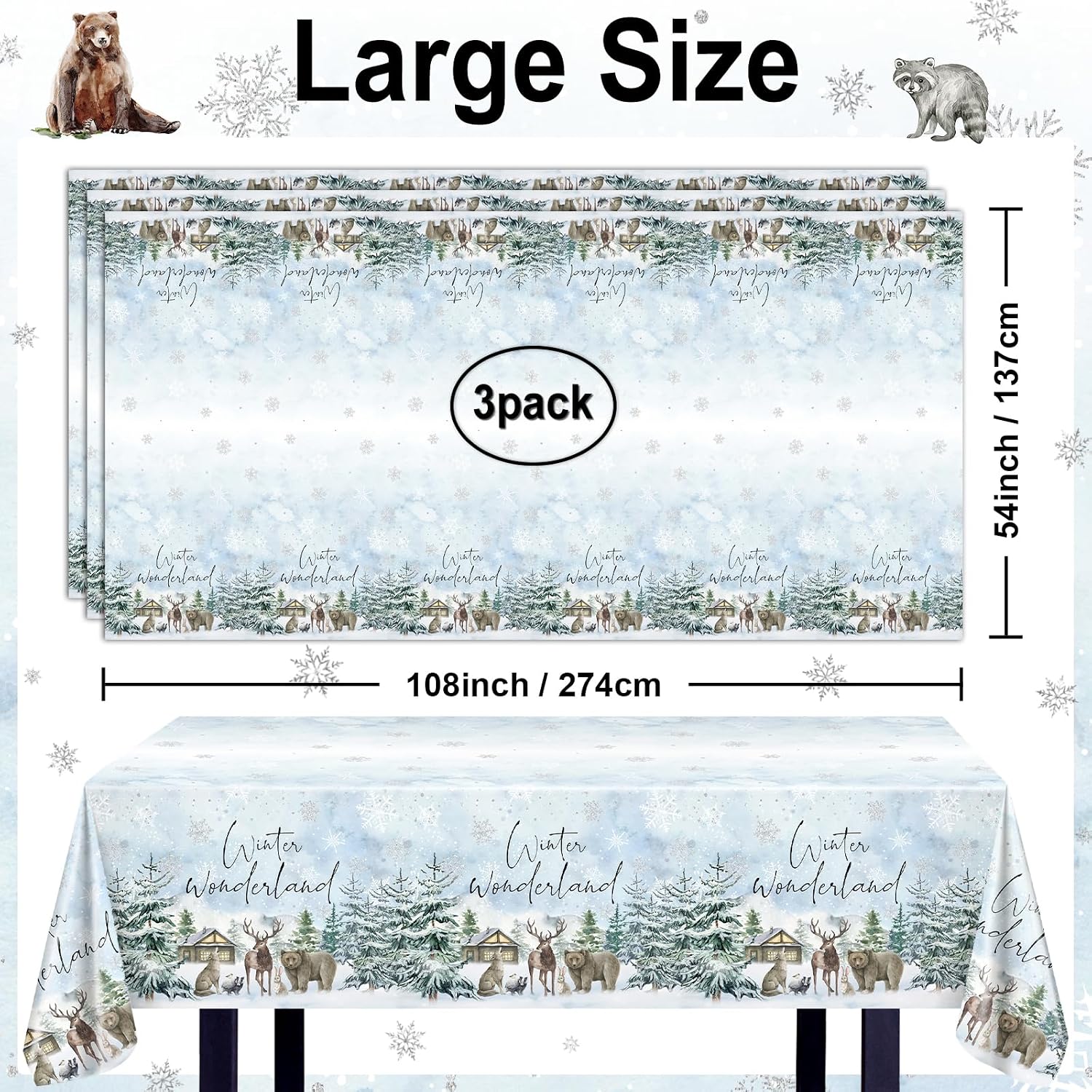 Avezano 3 pcs Winter Baby Shower Decorations Winter Wonderland Baby Shower Party Tablecloths 108x54 inch Woodland Animals Gender Neutral Plastic Tablecover Disposable