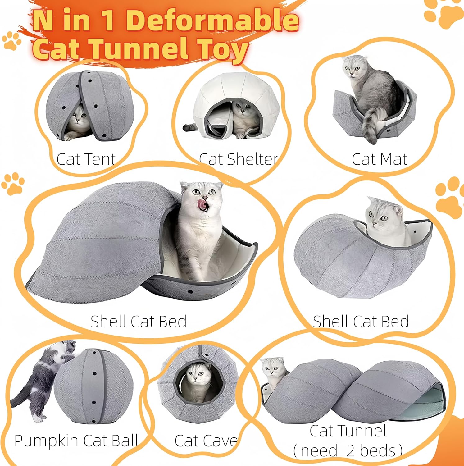 Multi-Functional Cat Tunnel Bed, Deformable Cat Tunnel Toys with Felt Lining, Warm Hideout for Indoor Cats, 14.17 Inch Diameter with Multiple Colors (Turquoise)