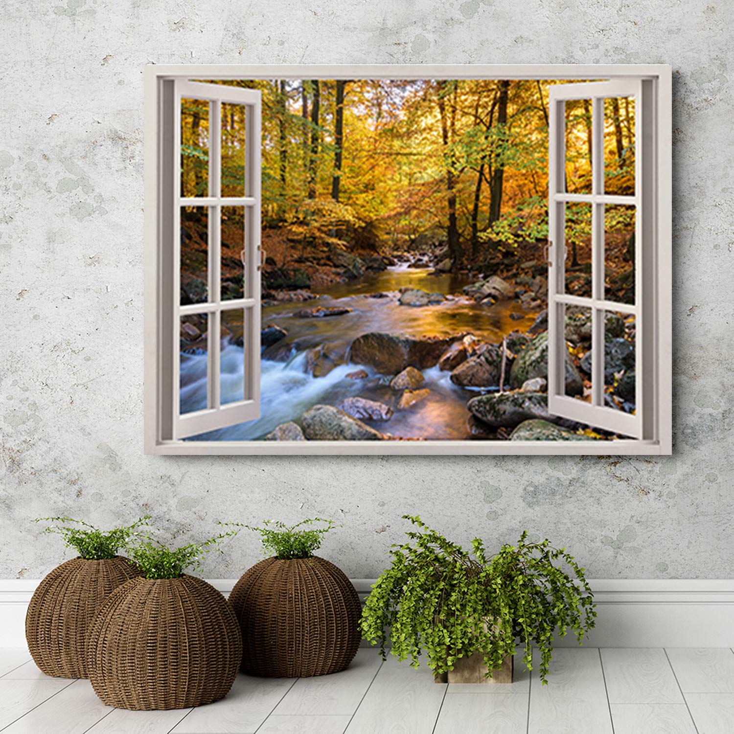 Feeby Cuadro en Lienzo 3D Ventana 90x60 cm 1 Pieza Modernos Impresión Artística Calidad Fotografica Imagen Decoración de Pared Salon Dormitorio Cocina Oficina Pasillo río Marrón