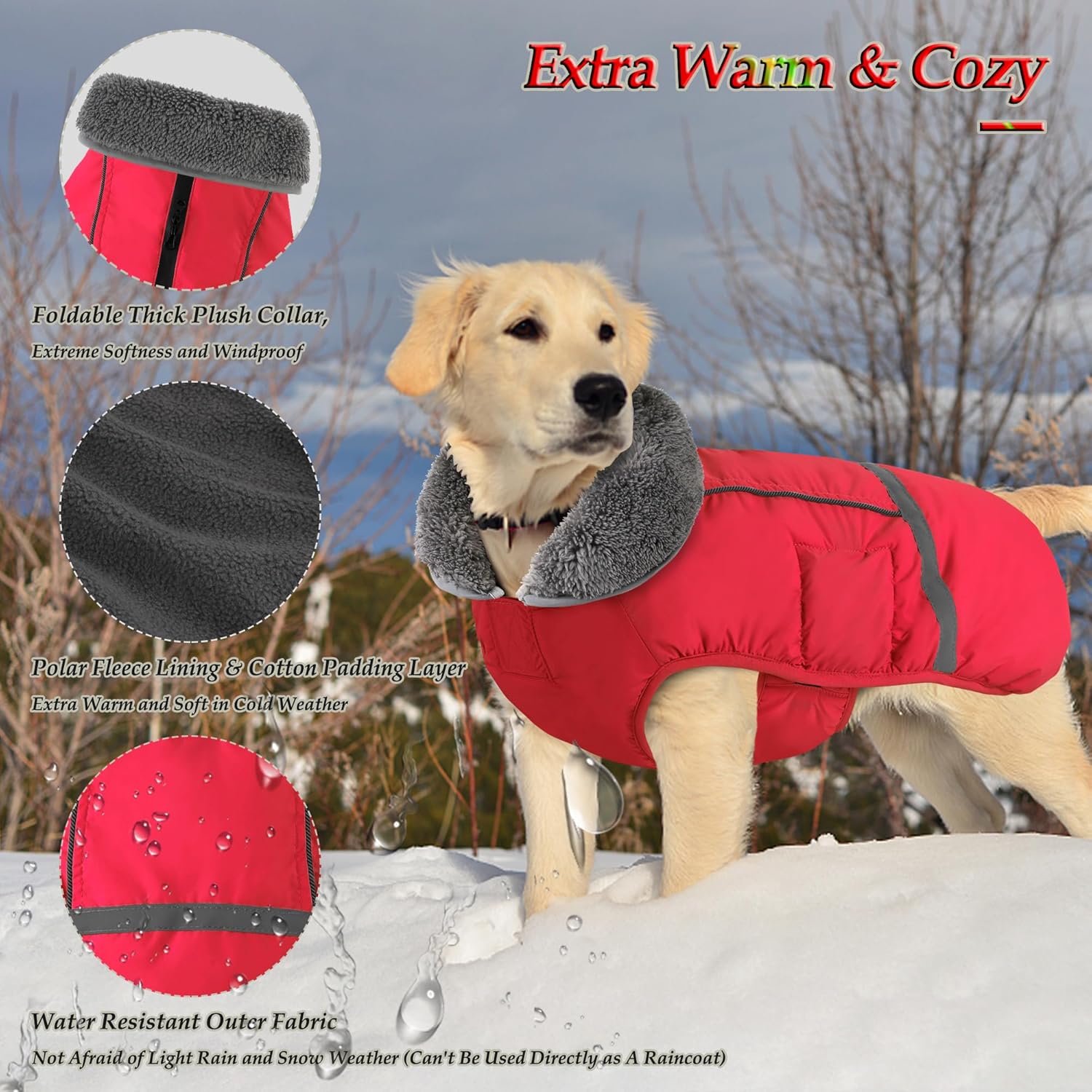 Dogcheer Warm Dog Coat, Christmas Dog Jacket Waterproof Puppy Winter Coat with Buckles, Reflective Adjustable Pet Snow Jacket Turtleneck Fleece Sweater for Small Medium Large Dogs - Red, S - Image 2