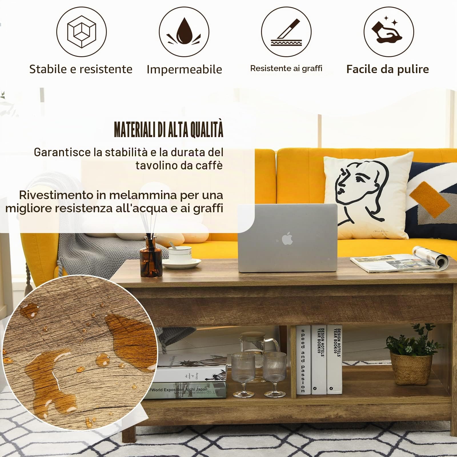 LIFEZEAL Tavolino da Salotto, Tavolino Sollevabile, Elevabile, Alzabile, Tavolino da Caffè, da Divano, Moderno, Basso, in Legno, Vano, Scomparti, Soggiorno, Ufficio, Max 50kg, 109x47,5x50-63cm, Rovere