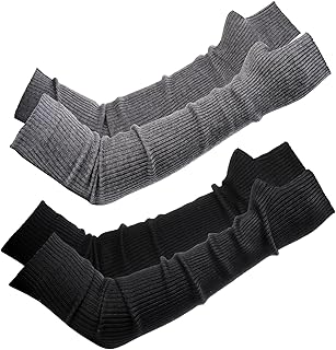 2 Packs Long Fingerless Gloves, Wool Blended Knitted Arm Warmers, Stretchy Over-elbow Length Arm Sleeves for Women Fashion, Cosplay Accessories, Black and Gray