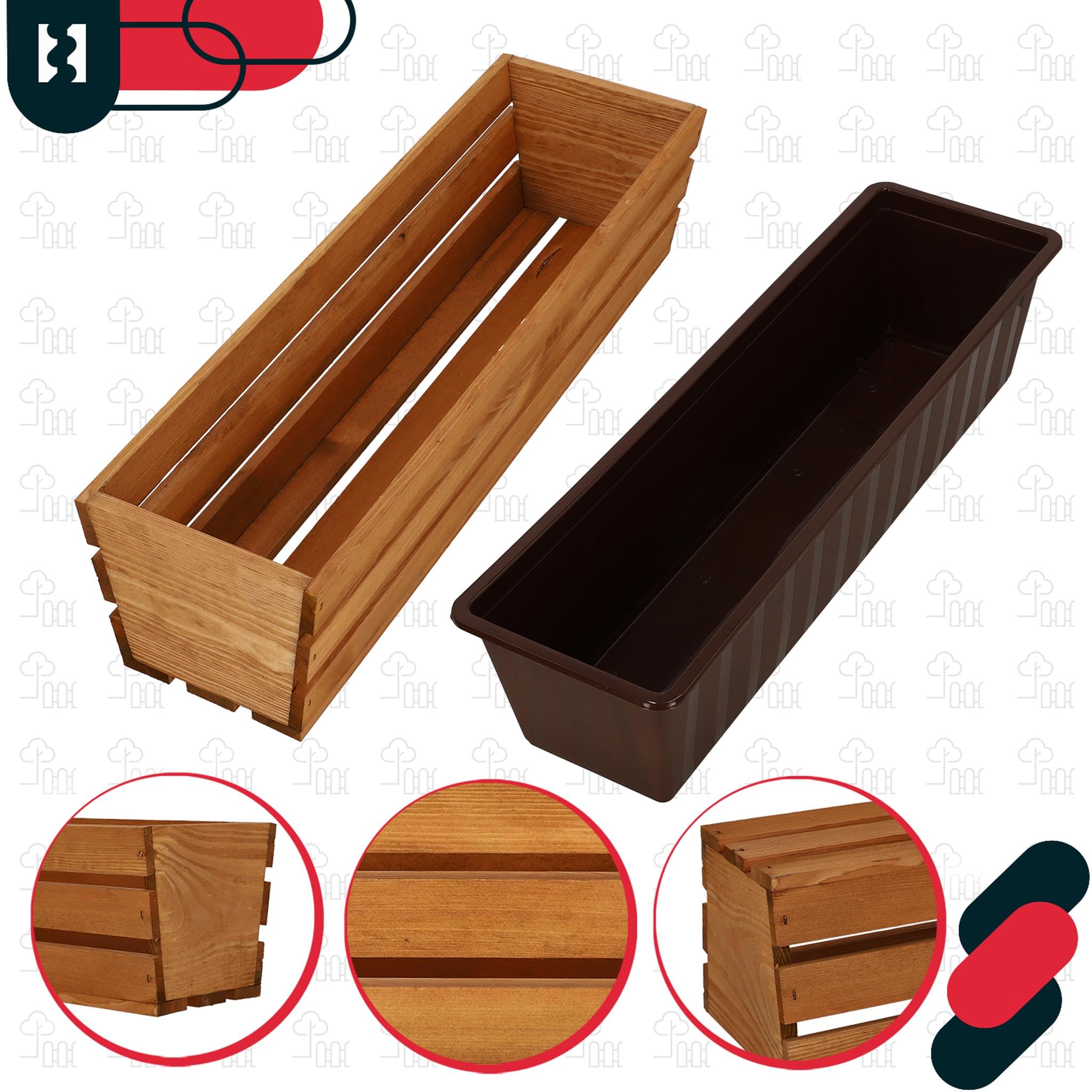 KOTARBAU® Blumenkasten für Balkon, Balkonkasten mit Kunststoffeinsatz | 3er Set, Pflanzkasten, 60 x 18 x 15 cm, Blumentopf, Kräutertopf aus Kiefernholz für Terrasse, Balkon Deko, Eiche