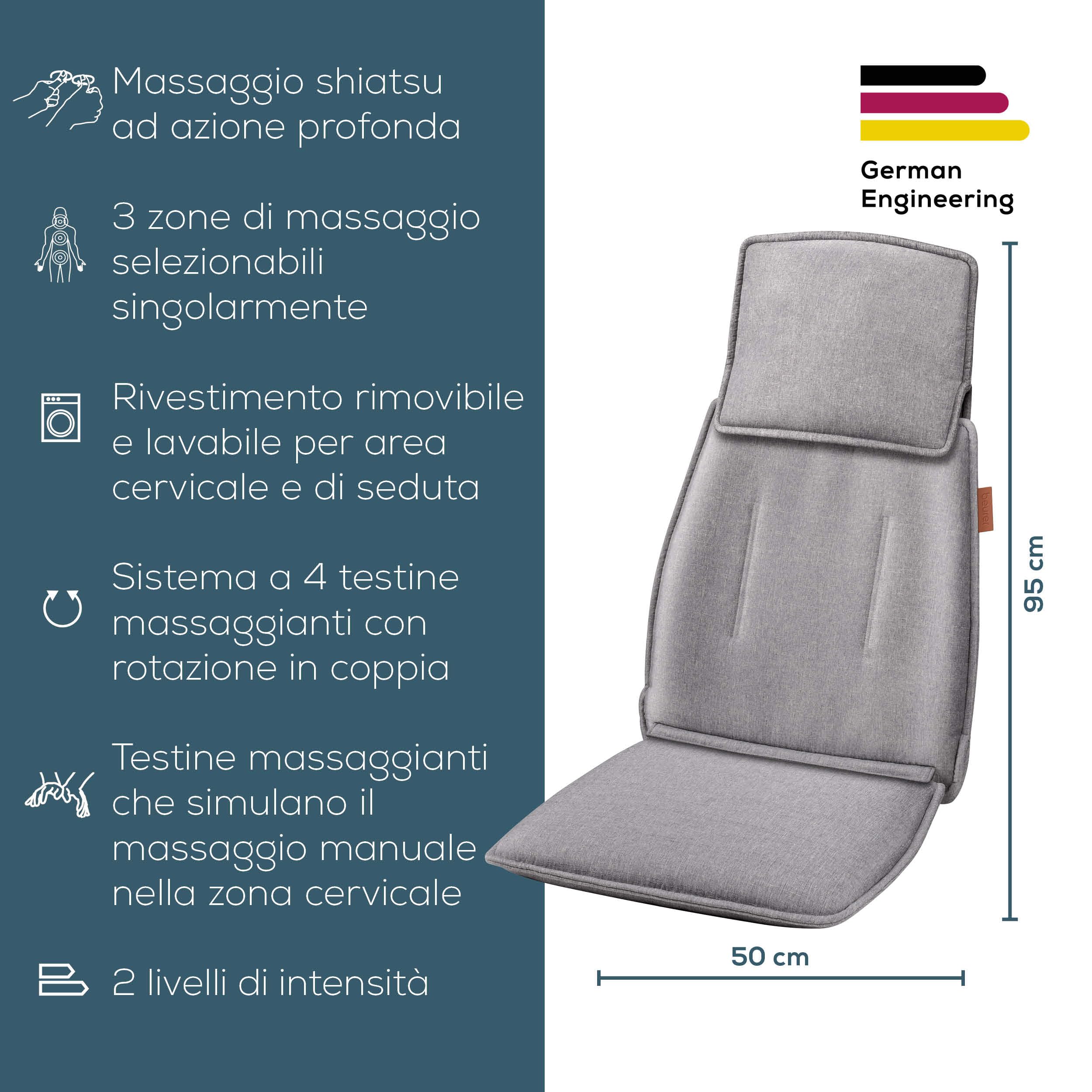 Beurer MG 330 Coprisedile Massaggiante Shiatsu Grigio con 3 Aree di Vibrazione a 4 Testine che Simulano il Massaggio Manuale, 2 Livelli di Intensità, Interruttore Manuale