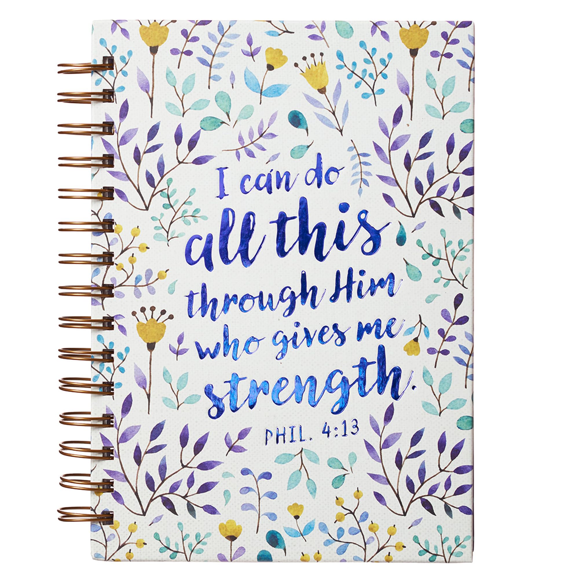 Christian Art Gifts Journal w/Scripture I Can Do All This Through Him Philippians 4:13 Bible Verse Purple Floral 192 Ruled Pages, Large Hardcover Notebook, Wire Bound