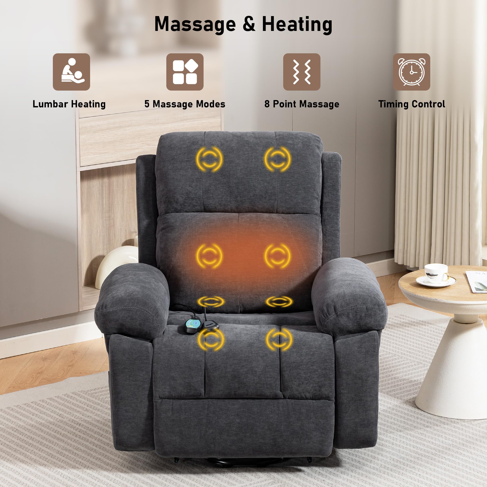 Fernsehsessel Relaxsessel mit Aufstehhilfe, Elektrischer Massagesessel mit Wärmefunktion, 2 Seitentaschen, Getränkehalter, Seniorensessel TV-Sessel (Dunkelgrau)