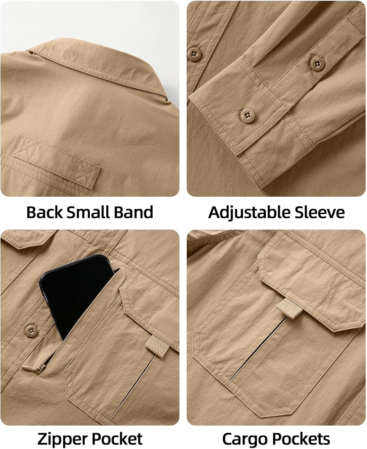 Mens Sun Protection Fishing Shirt Button Down Long Sleeve Zipper Pockets for Casual Work Travel Safari Camping Hiking