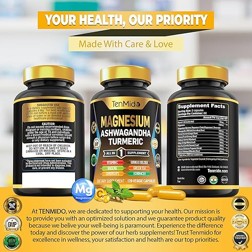 Miniatura 7 de Suplemento de magnesio  Fórmula 10 en 1  Combina con Ashwagandha, cúrcuma, Panax Ginseng, Cordyceps, Ginkgo Biloba, té verde, equinácea, valeriana y