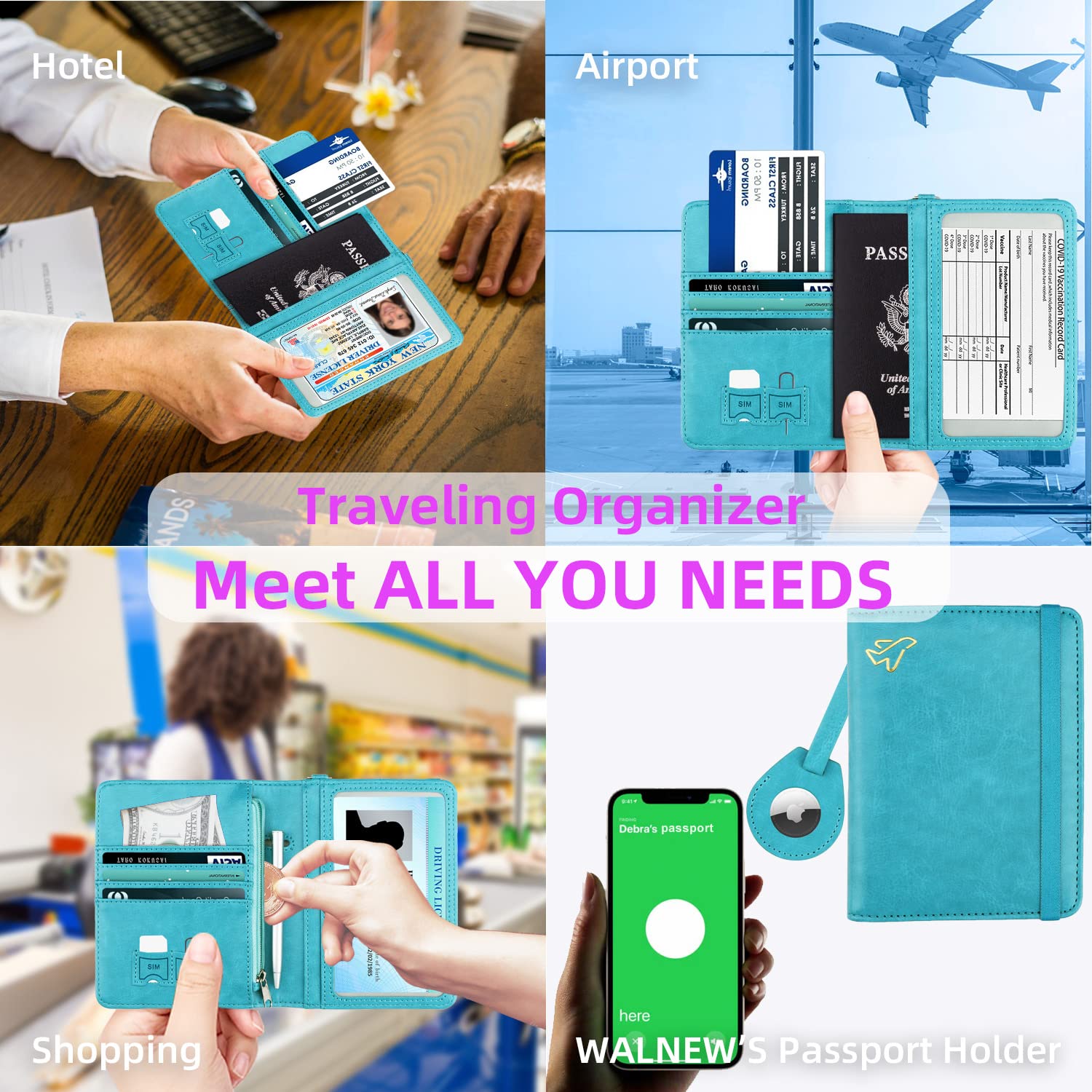 Soporte para pasaporte AirTag, de piel sintética, con bloqueo RFID, funda para pasaporte, artículos esenciales de viaje para mujeres y hombres, Azul/claro, Soporte para pasaporte con bloqueo 3