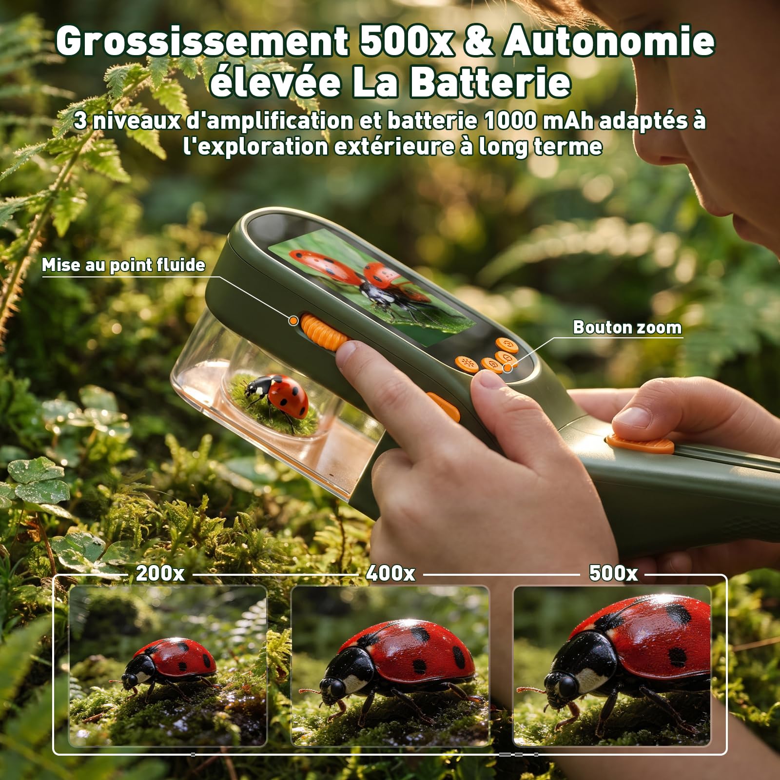 Kit Exploration Enfant avec 500X écran, Prendre des Photos/Vidéos | Attrape Araignée, Jouet Exterieur Enfant avec Loupe, Boite Loupe Insecte, Jouet éducatif de Noël Cadeau pour Garçon et Fille