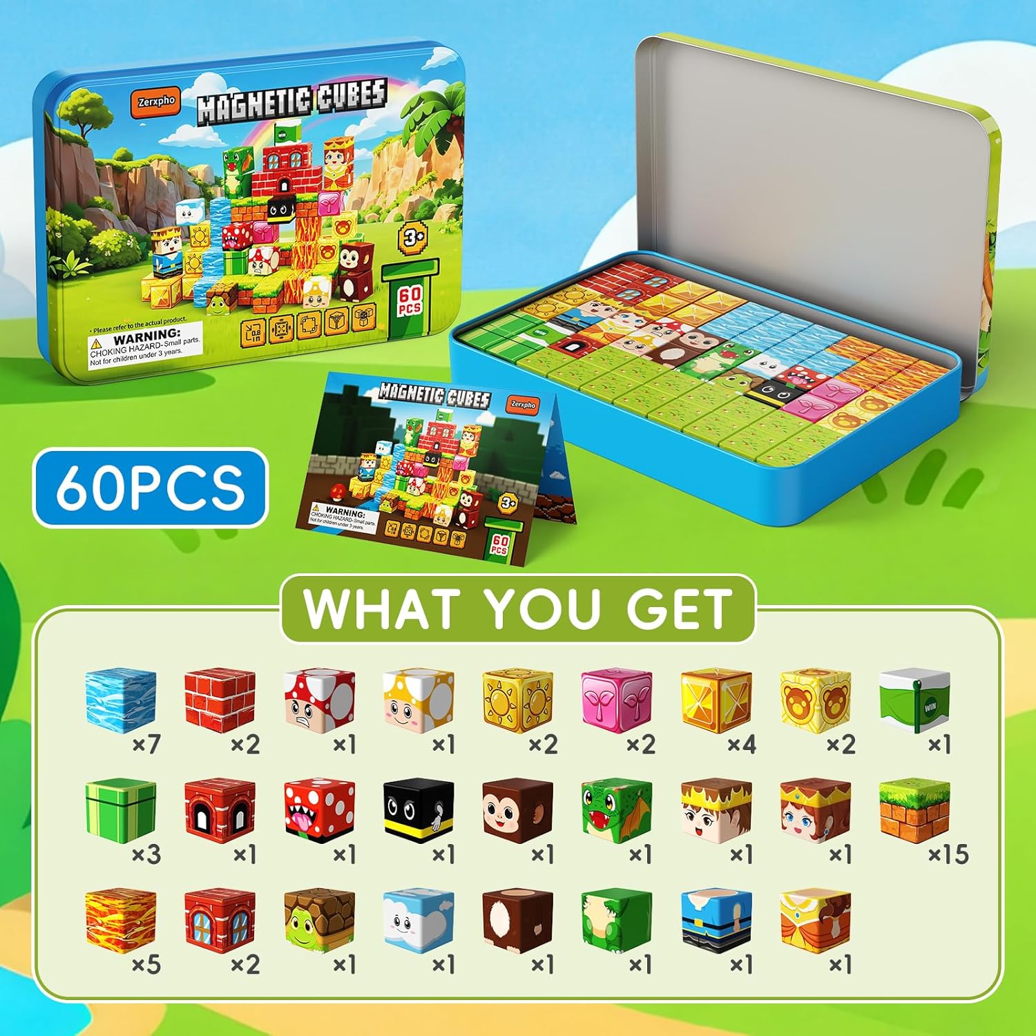 60PCS Mini Magnetic Building Cubes Set, Adventure-themed Magnetic Blocks, Portable Magnetic Travel Blocks with Iron Case, Educational Toy for Kids STEM & Construction Learning for Kids Aged 3+