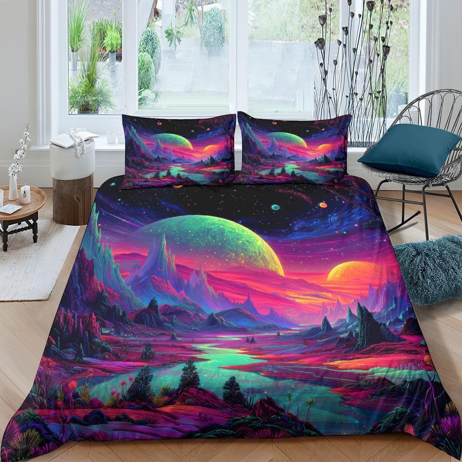 Ctjqhvkz Style-7 3D Printed Neon Galaxy Fitted Sheet Microfiber Soft Breathable Cosmic Landscape Mattress Cover For Bedroom Guest Room Decor Single（135X200cm）