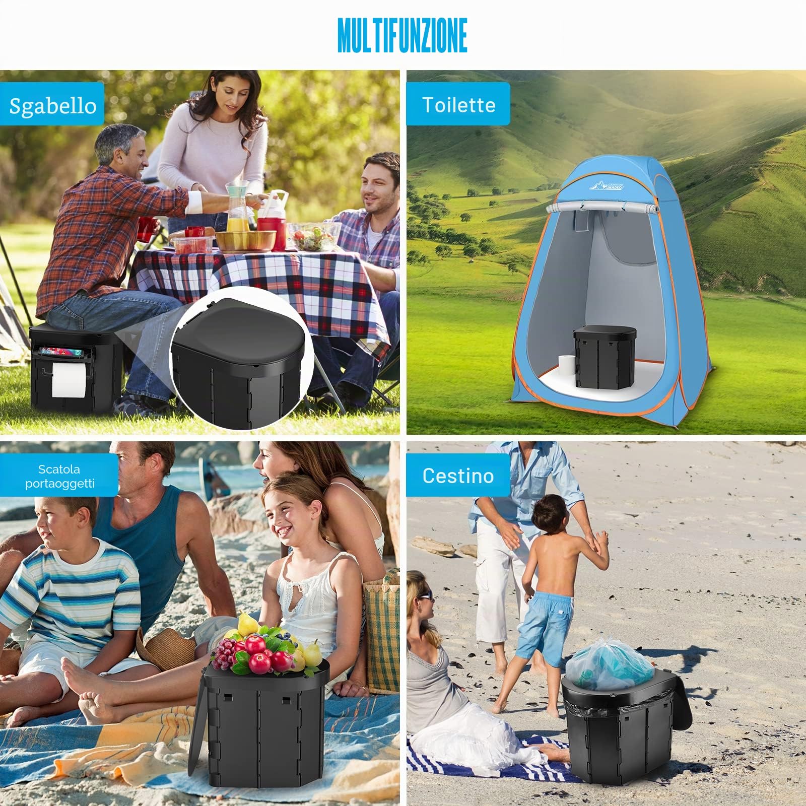 PAHTTO Toilette portatile da campeggio, WC pieghevole per adulti con ripiano staccabile per telefono e porta carta igienica, vasino porta con coperchio (nero)
