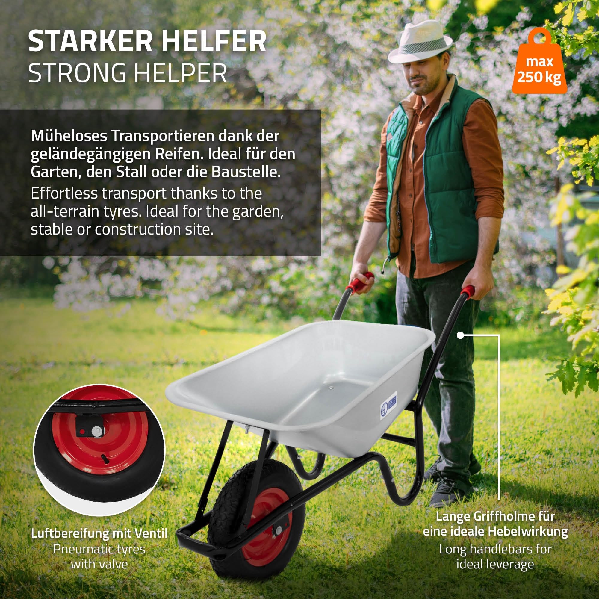 ECD Germany Carriola da Cantiere con Telaio in Metallo e Vasca in Acciaio Zincato Capacità 100 L 250 kg per Trasporto con Ruota in Gomma Pneumatico Diametro 40 cm 16" Manici Lunghi