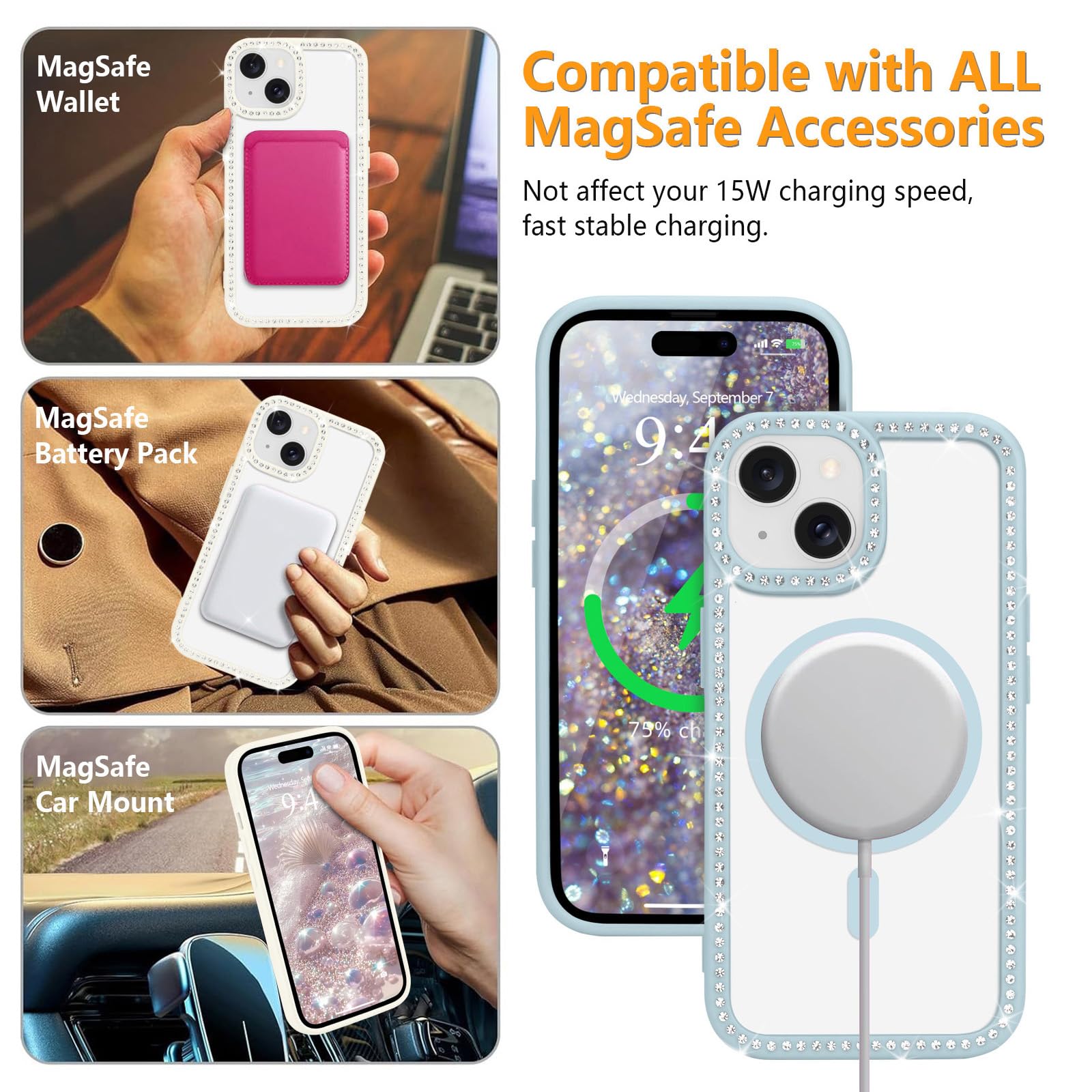 Glitzer-Handyhülle Für IPhone 15 Plus/14 Plus – Diamant-Bling, Transparentes Silikon, Stoßfest & Mit Funkladen