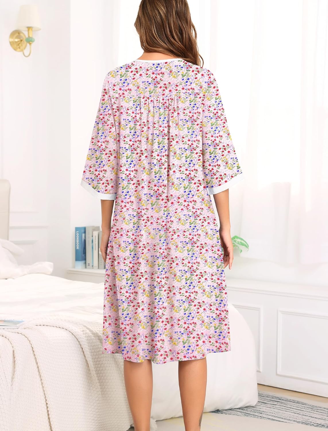 SWOMOG House Dress for Women Snap Front Dusters for Women with Pockets 3/4 Sleeve Cotton Nightgown S-XXXL - Image 7