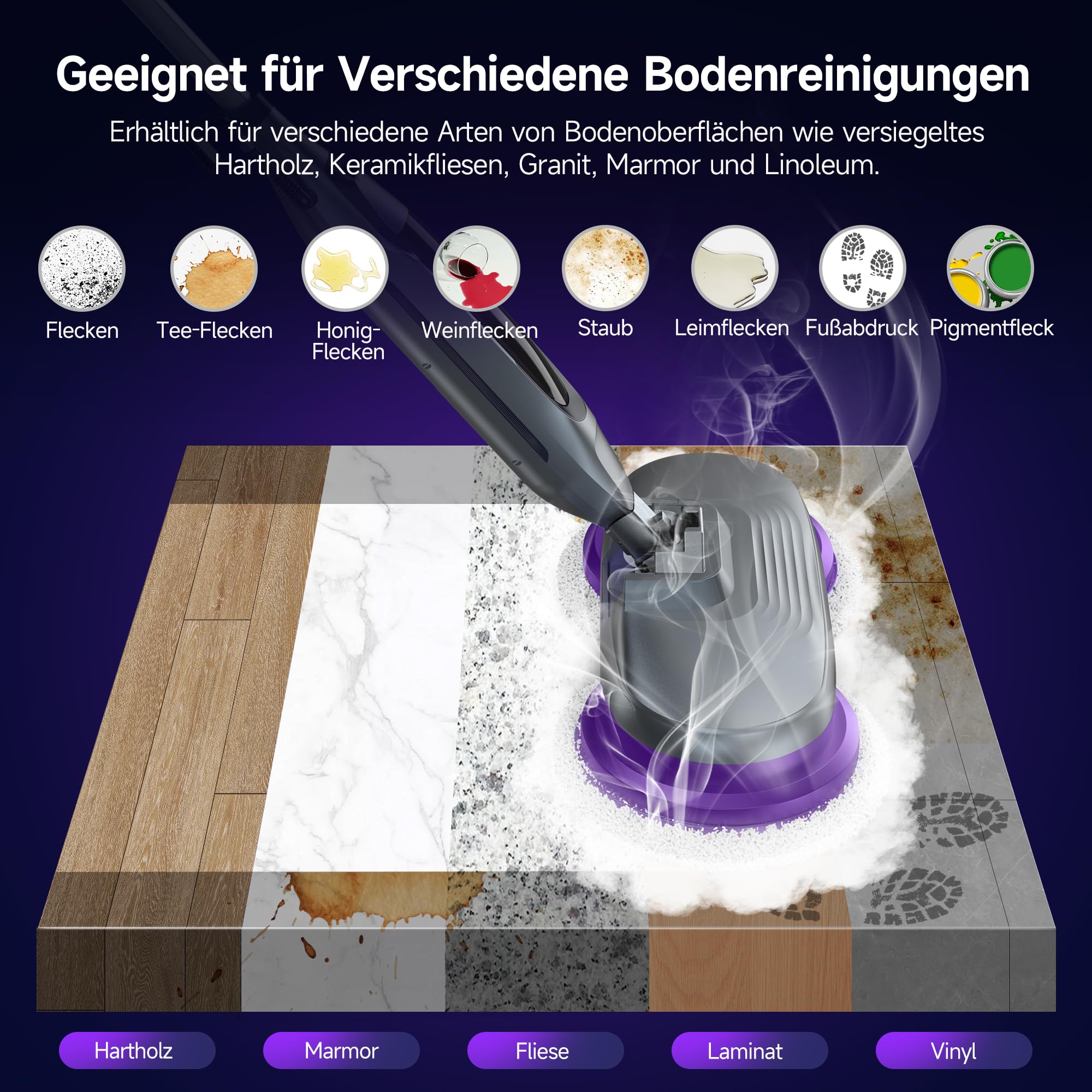 AlfaBot F2 Dampfreiniger – Dampfbesen mit 99,9%iger Desinfektion von Keimen und Bakterien, Dampf in 20s bereit, 450 ml, für alle Arten von Hartböden, ohne Verwendung von Reinigungsmitteln