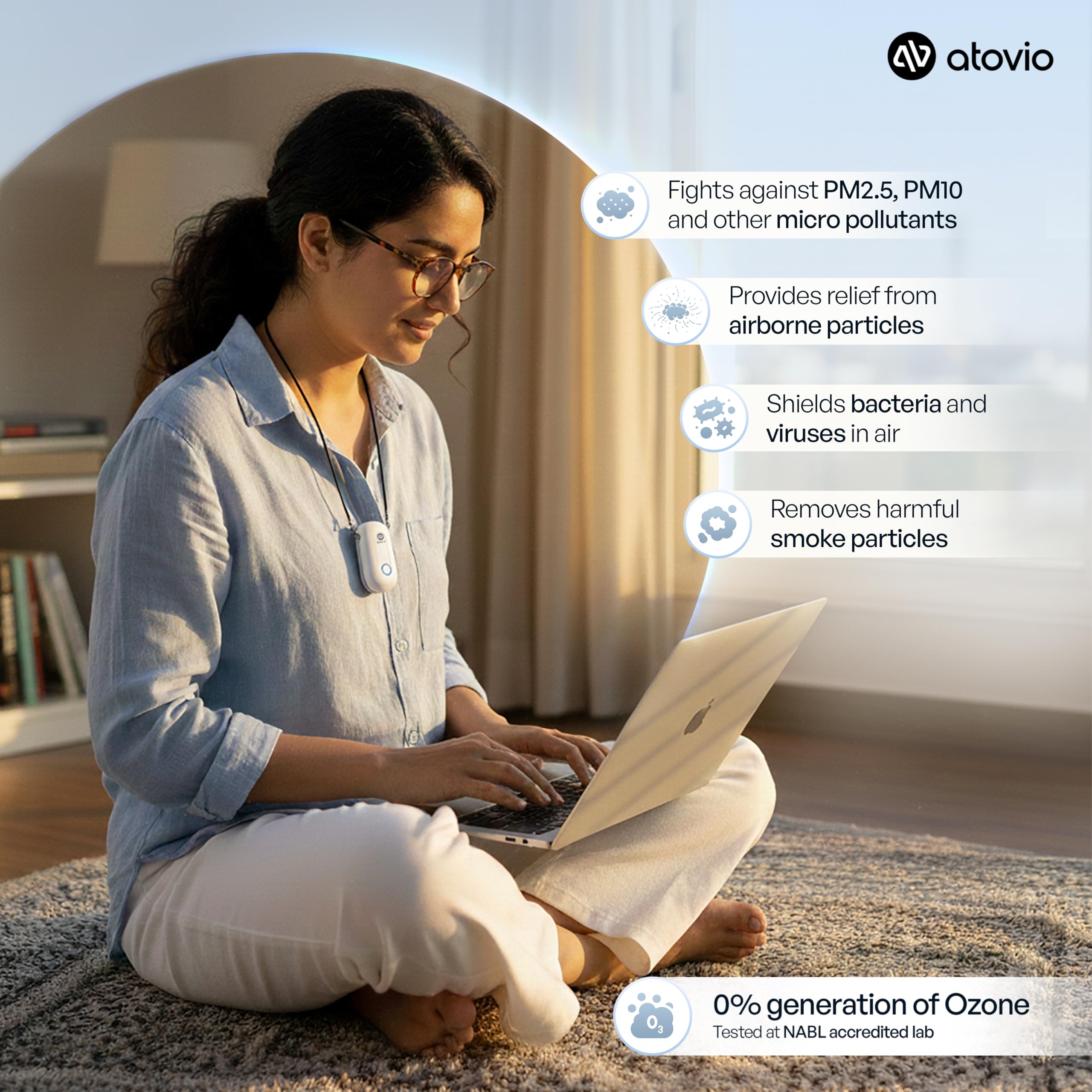 Atovio Wearable & Portable Filterless Air Purifier | TESTED AT IIT KANPUR | MADE IN INDIA | 99.9% Pollutant Removal | Dust, Smoke & PM2.5 Protection | 50+ Hrs Runtime | 1 Year Warranty (Sky Blue) 2