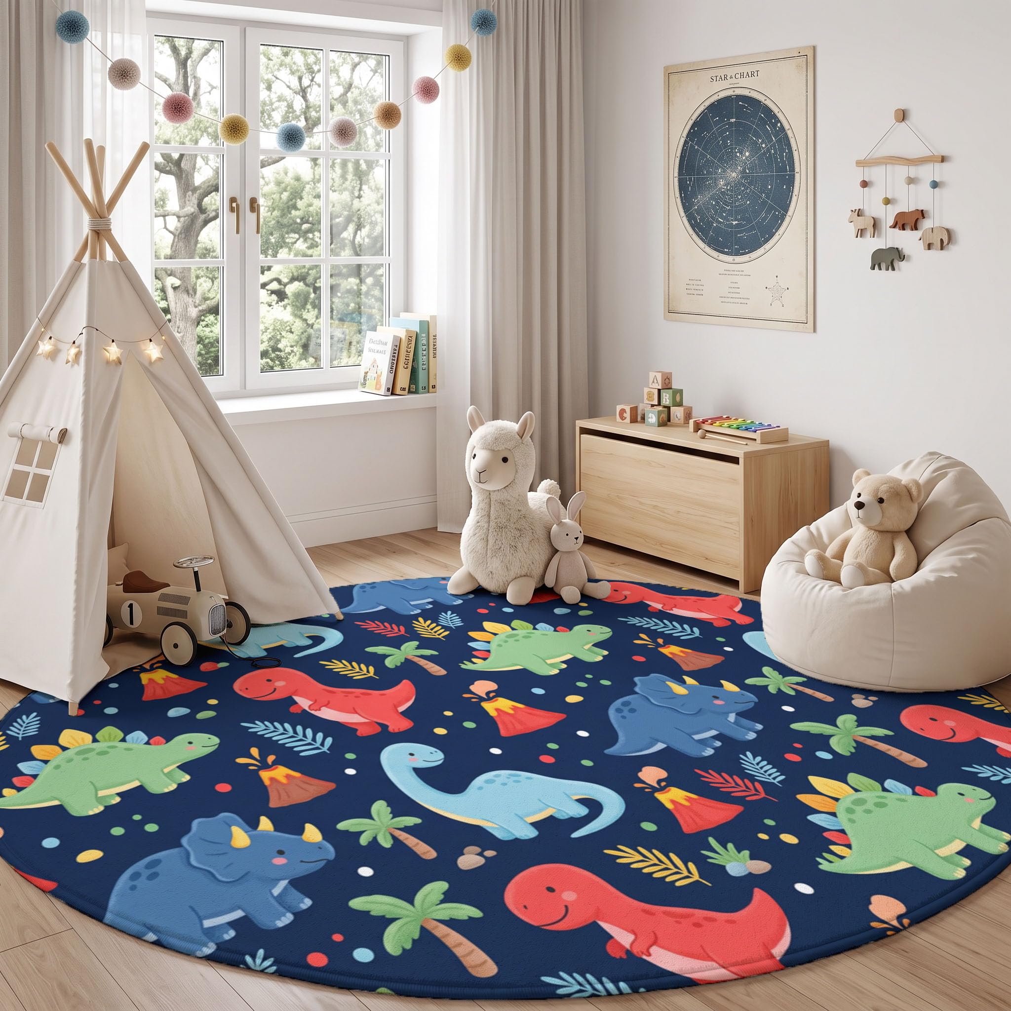 Tapis Rond Lavable Dinosaures Volcans Plantes 120cm | Tapis Animaux De Dessin Animé Mignons Antidérapants Salon Lavable en Machine pour pour Salle à Manger, Entrée, Cuisine, Bleu Marine