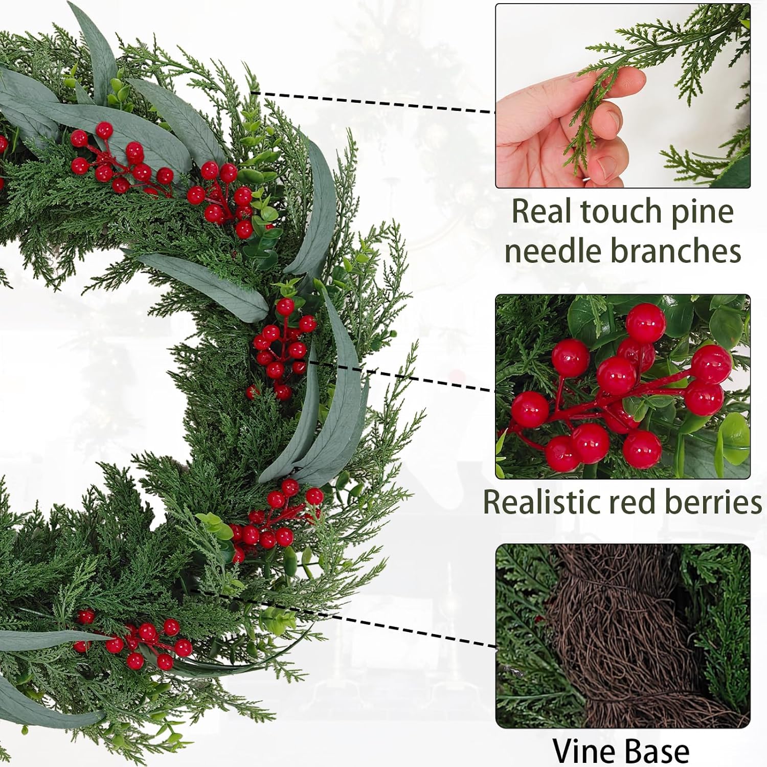 24-inch Christmas Norfolk Pine Wreath, Outdoor Front Door Green Wreath Decoration with red Berries, Suitable for Indoor and Outdoor Family Living Room Porch Christmas Holiday Winter Decoration.